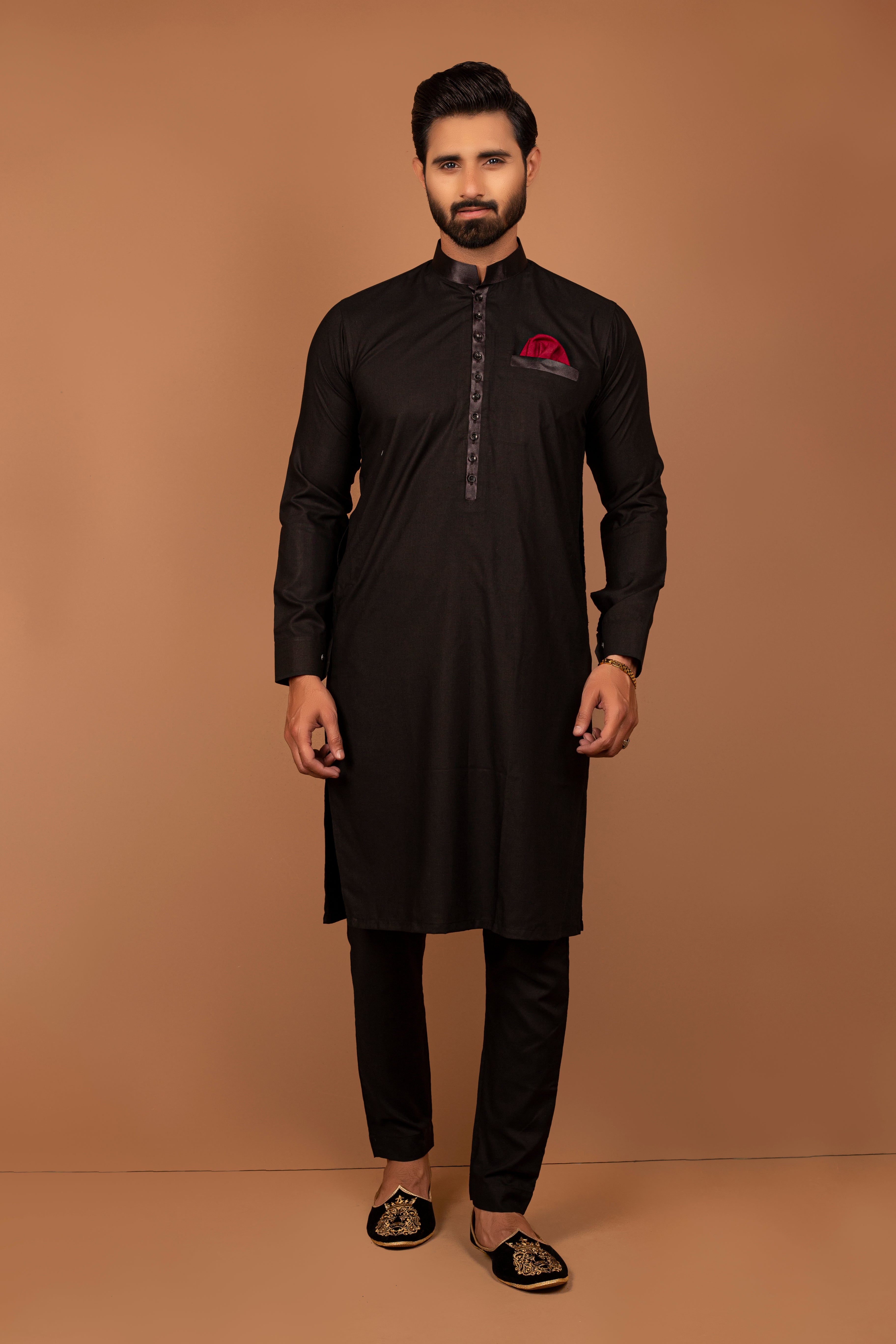 Black Satin-Detail Kurta Pajama (2-Piece) - Image 1