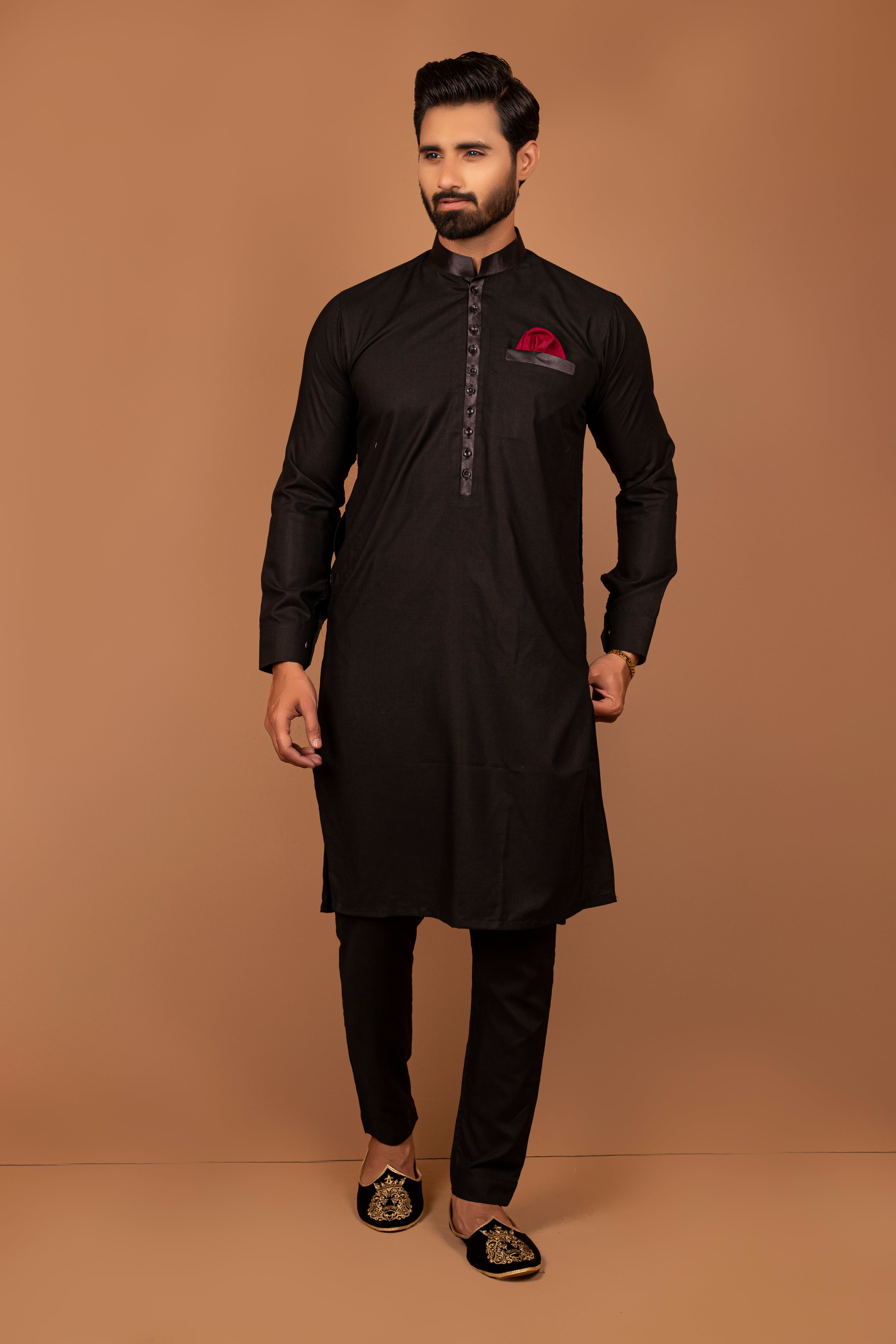Black Satin-Detail Kurta Pajama (2-Piece) - Image 2