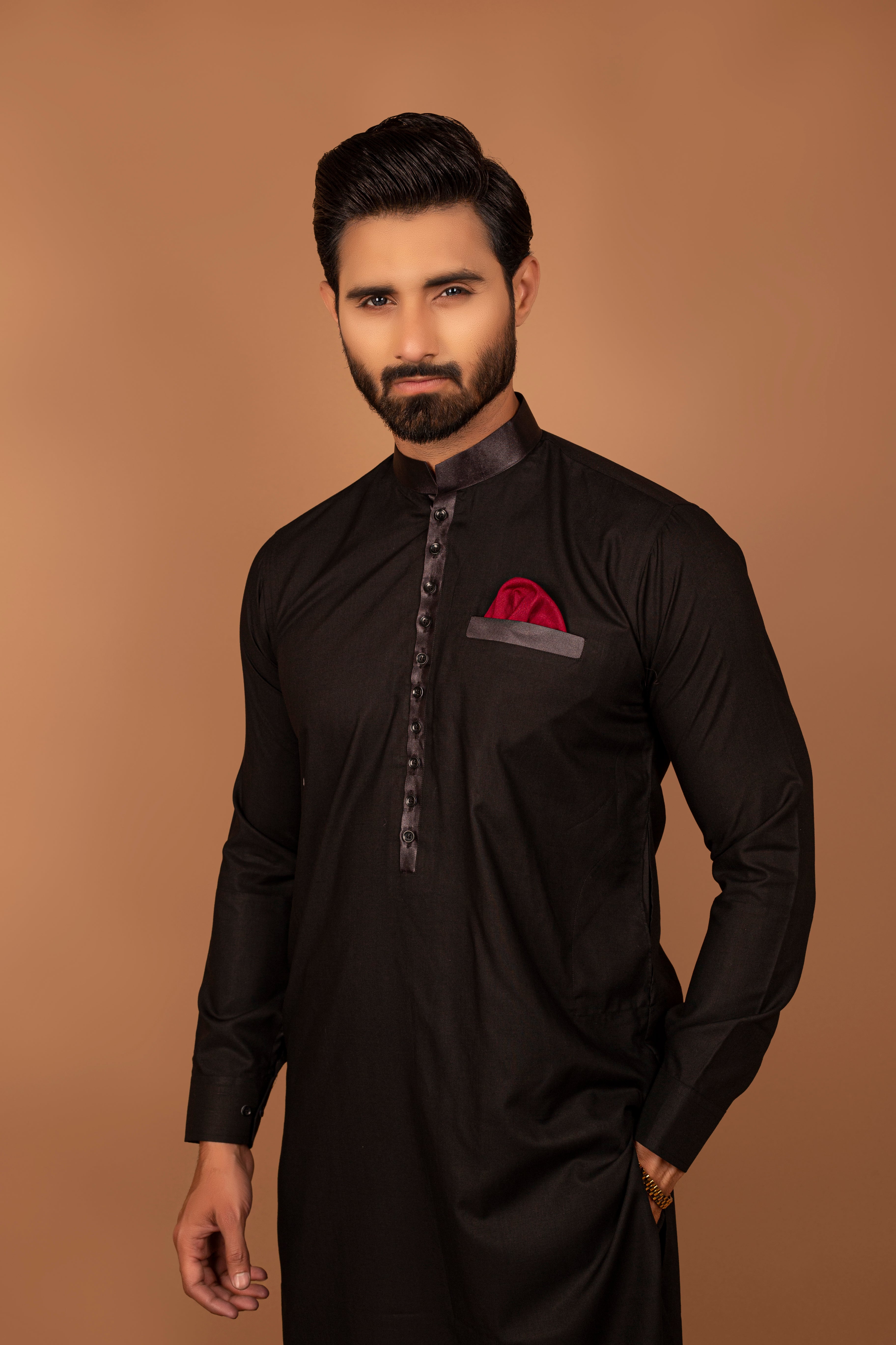 Black Satin-Detail Kurta Pajama (2-Piece) - Image 3