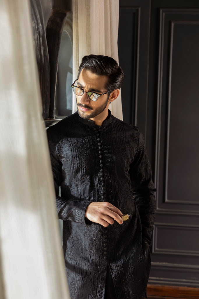 Black Self-Embossed Kurta Pajama (2-Piece) - Image 1