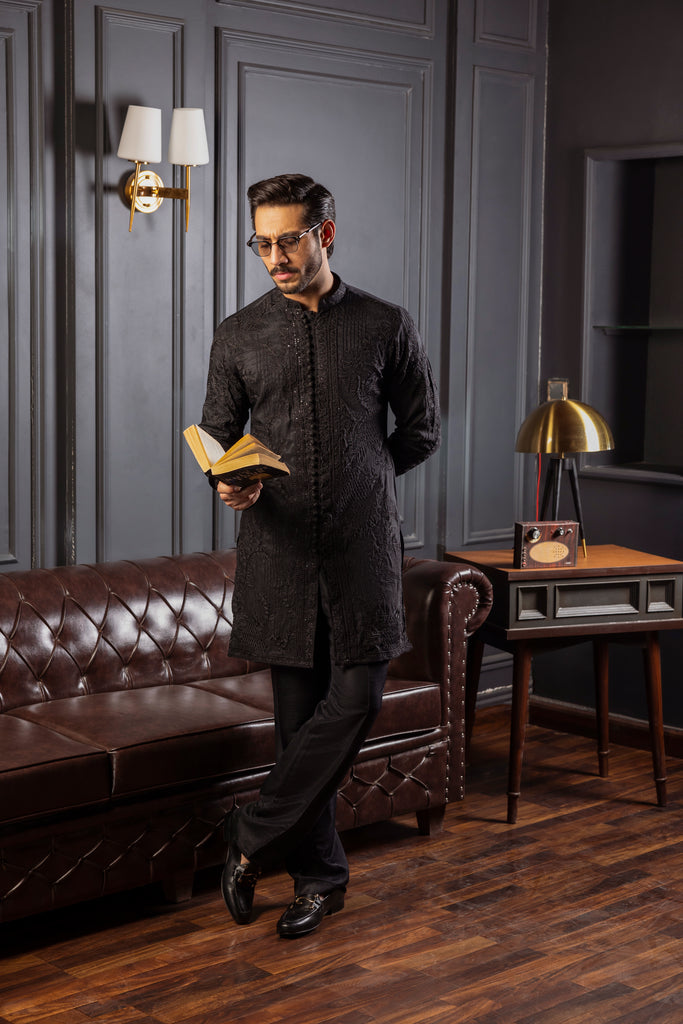 Black Self-Embossed Kurta Pajama (2-Piece) - Image 3