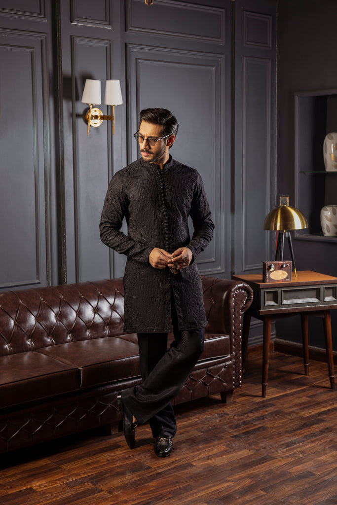 Black Self-Embossed Kurta Pajama (2-Piece) - Image 4