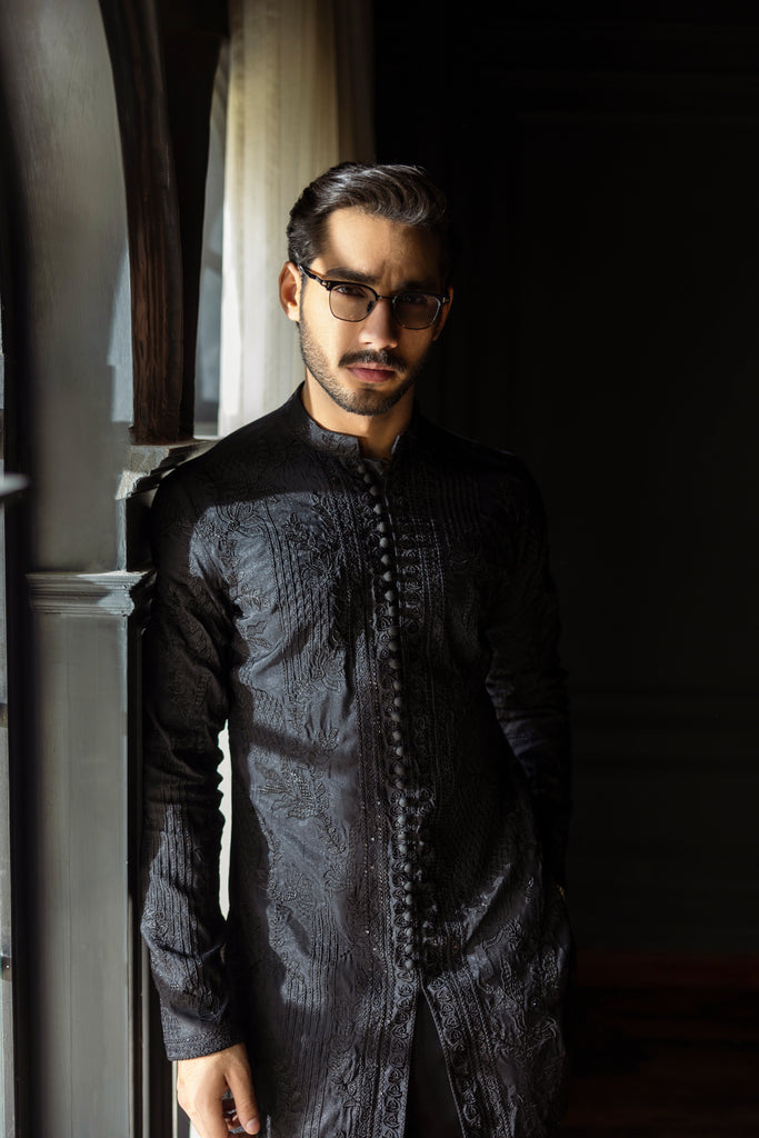 Black Self-Embossed Kurta Pajama (2-Piece) - Image 5