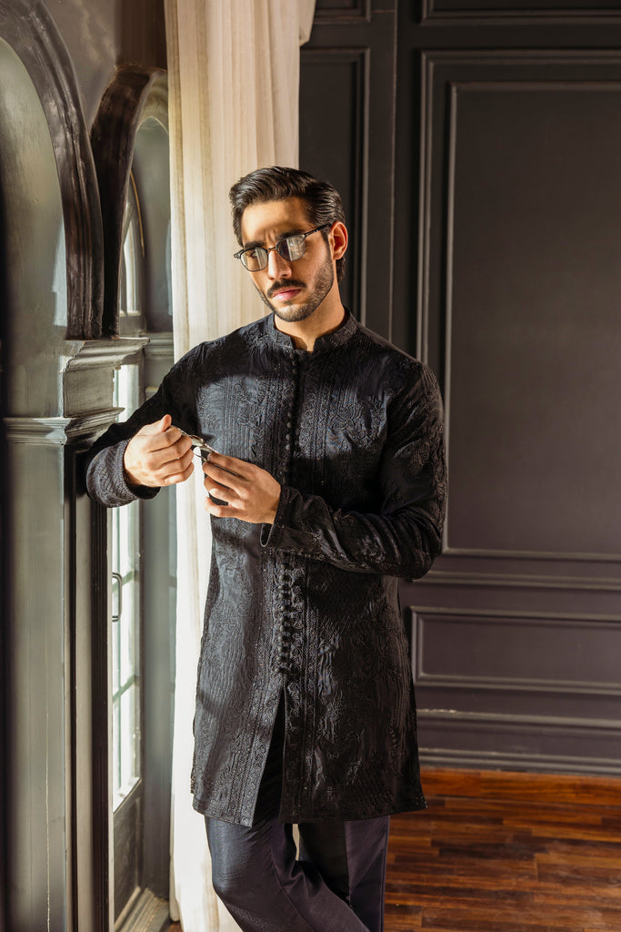 Black Self-Embossed Kurta Pajama (2-Piece) - Image 6
