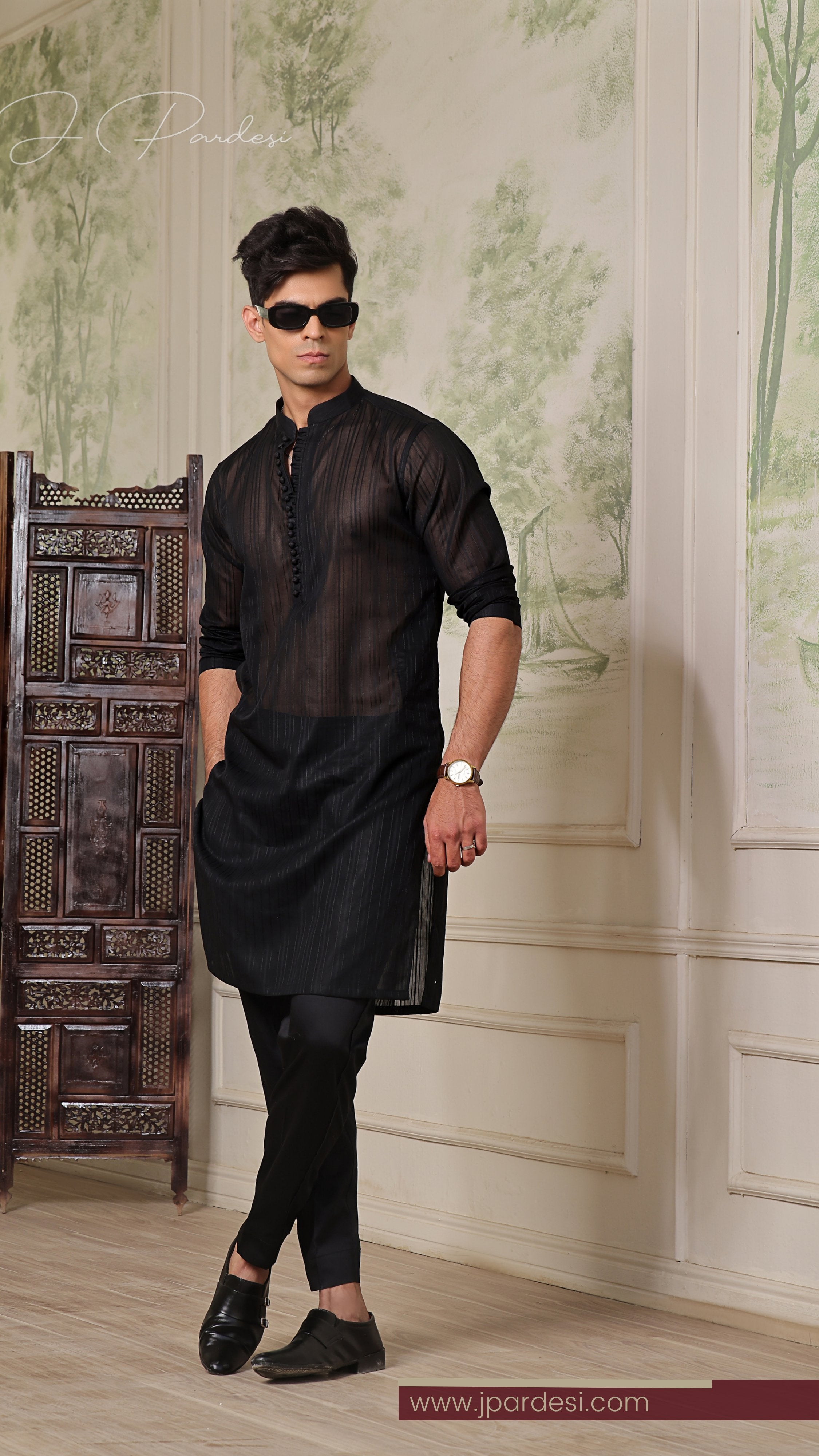 Black Striped Sheer Kurta Pajama (2-Piece) - Image 1