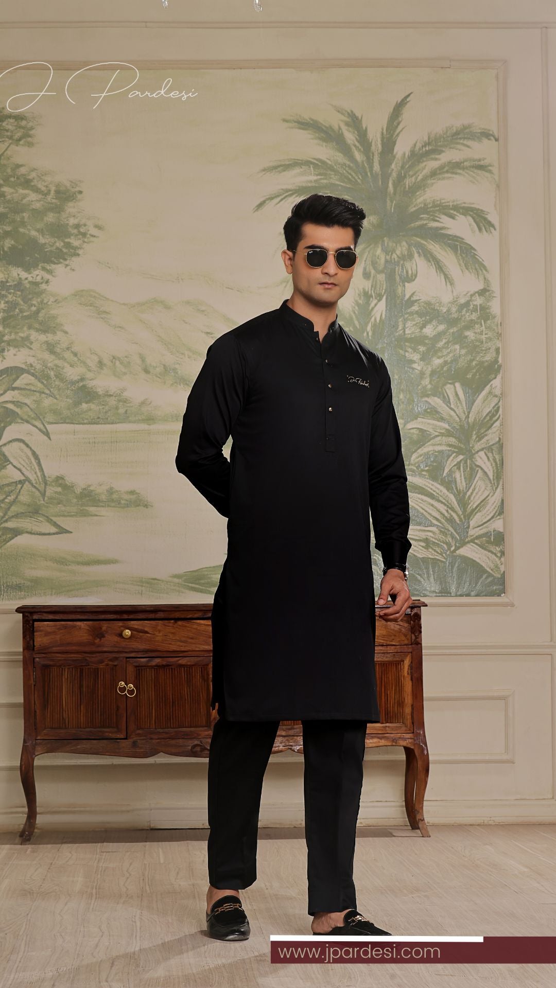 Black Embroidered Shiny Cotton Kurta Pajama (2-Piece) - Image 1