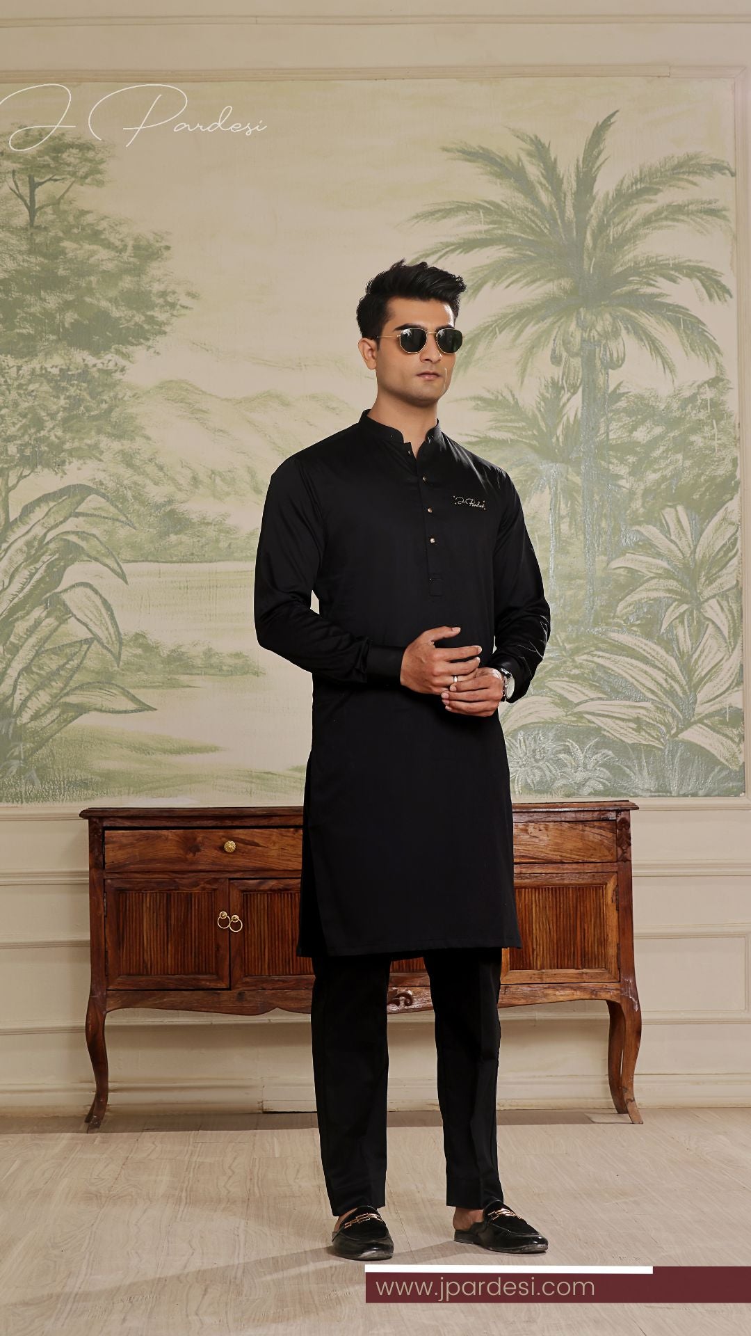 Black Embroidered Shiny Cotton Kurta Pajama (2-Piece) - Image 2