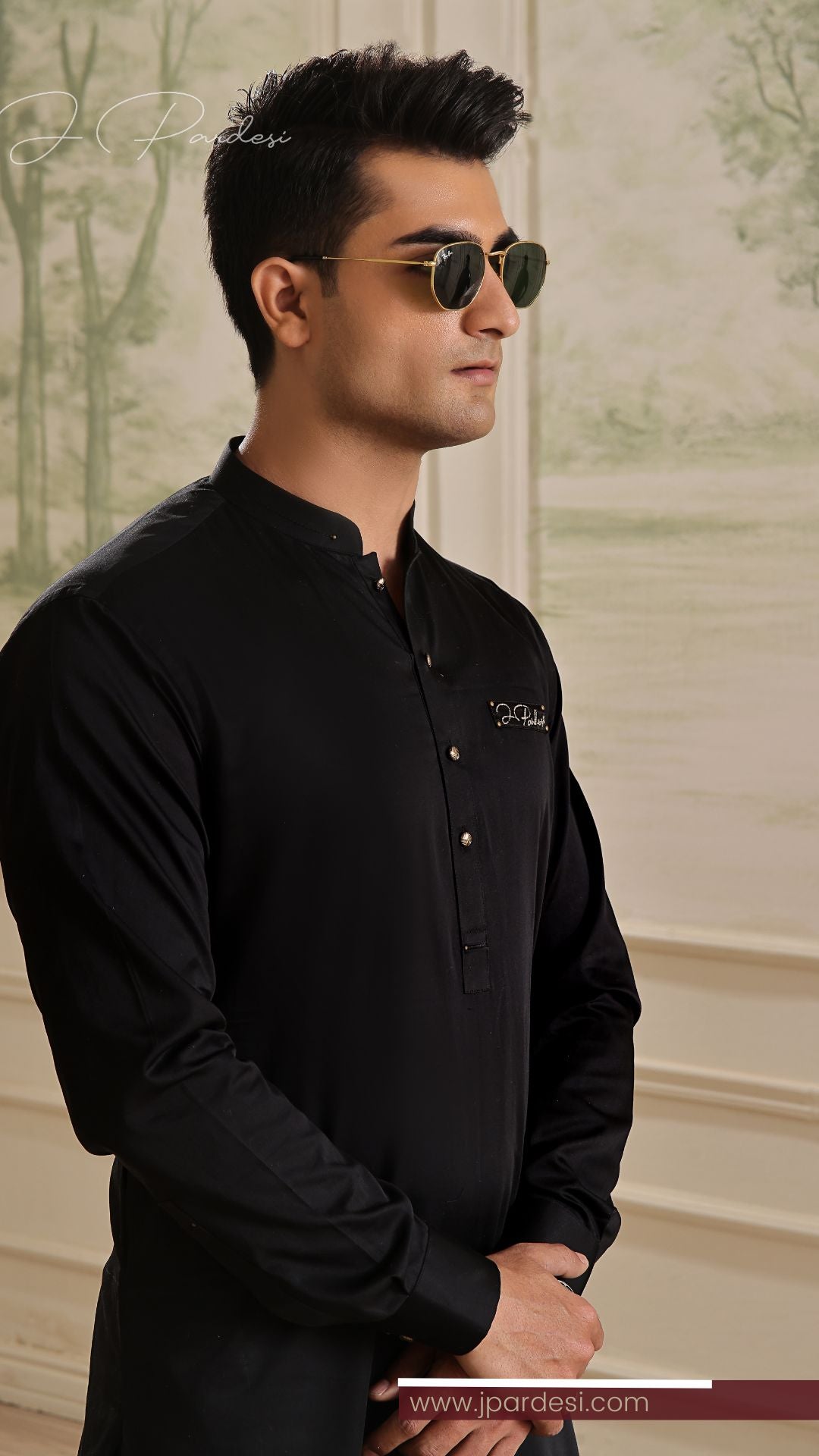Black Embroidered Shiny Cotton Kurta Pajama (2-Piece) - Image 3