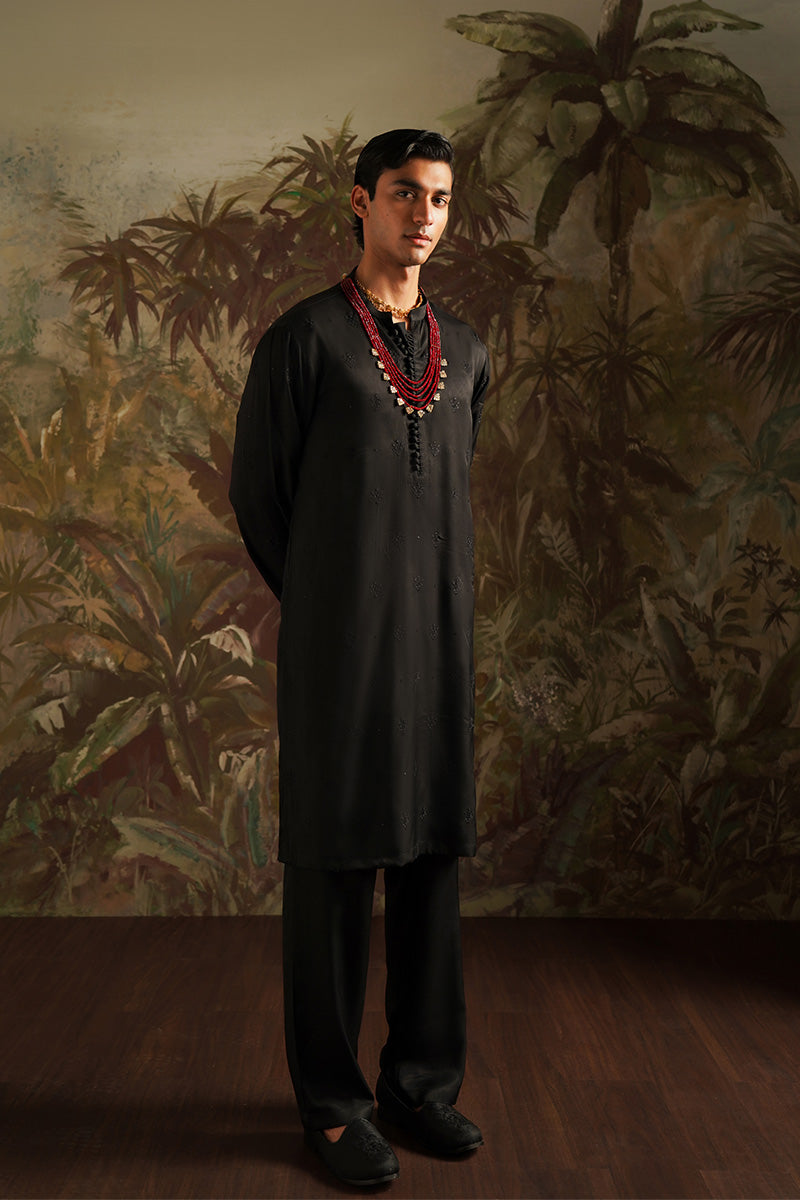 Carbon Black Embroidered Silk-Blend Kurta Pajama (2-Piece) - Image 1