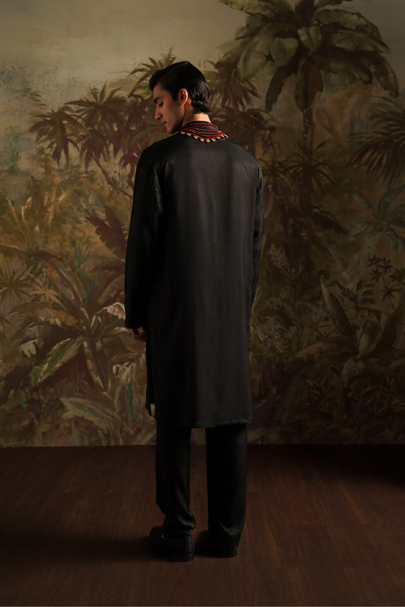 Carbon Black Embroidered Silk-Blend Kurta Pajama (2-Piece) - Image 2