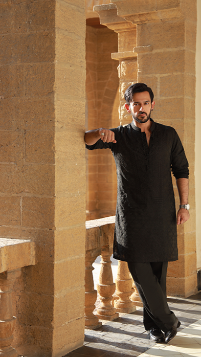 Black Embossed Kurta with Silk Pajama (2-Piece) - Image 2