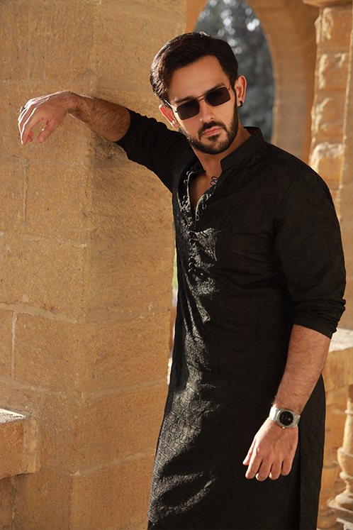 Black Embossed Kurta with Silk Pajama (2-Piece) - Image 4