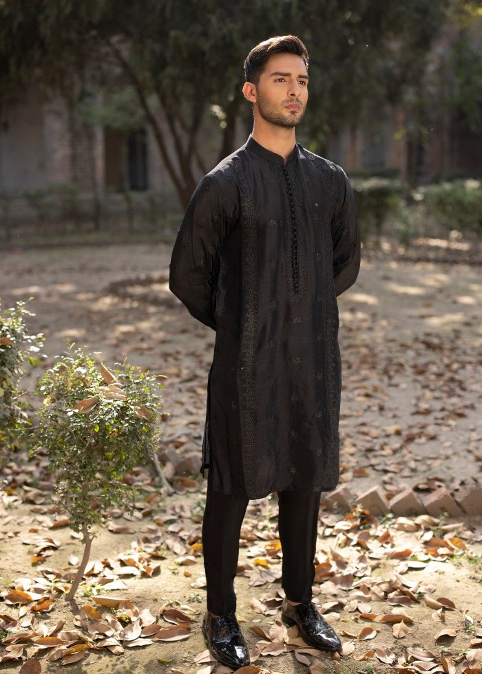 Black Embroidered Silk Kurta Pajama (2-Piece) - Image 1
