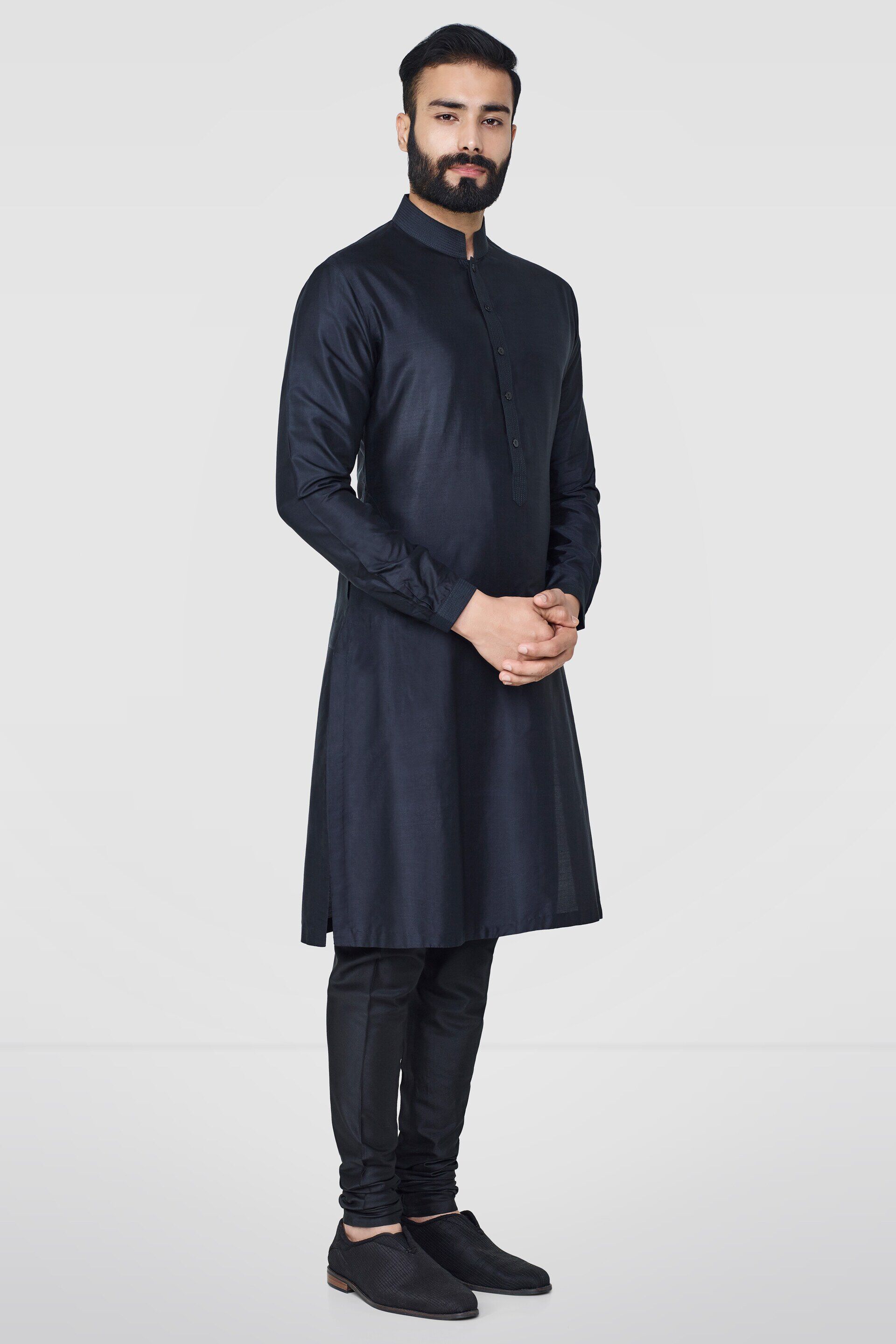 Black Stitch-Line Silk Kurta Pajama (2-Piece) - Image 3