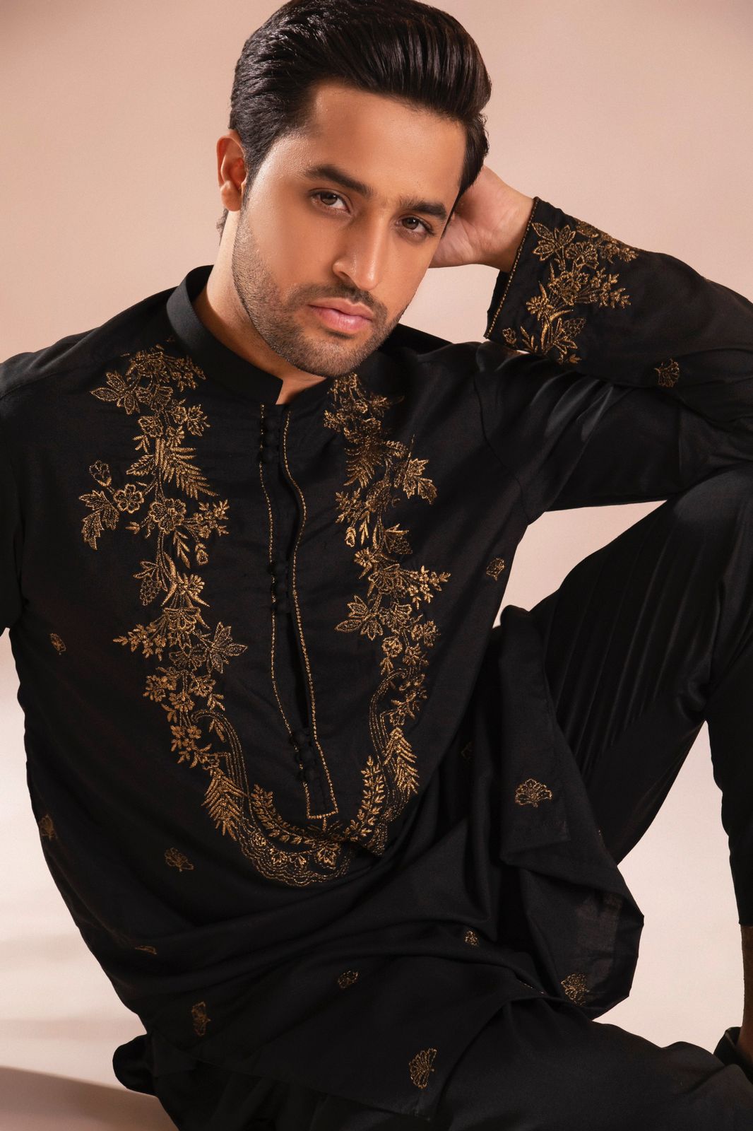 Black Copper Tilla Embroidered Wash & Wear Kurta Pajama (2-Piece) - Image 1