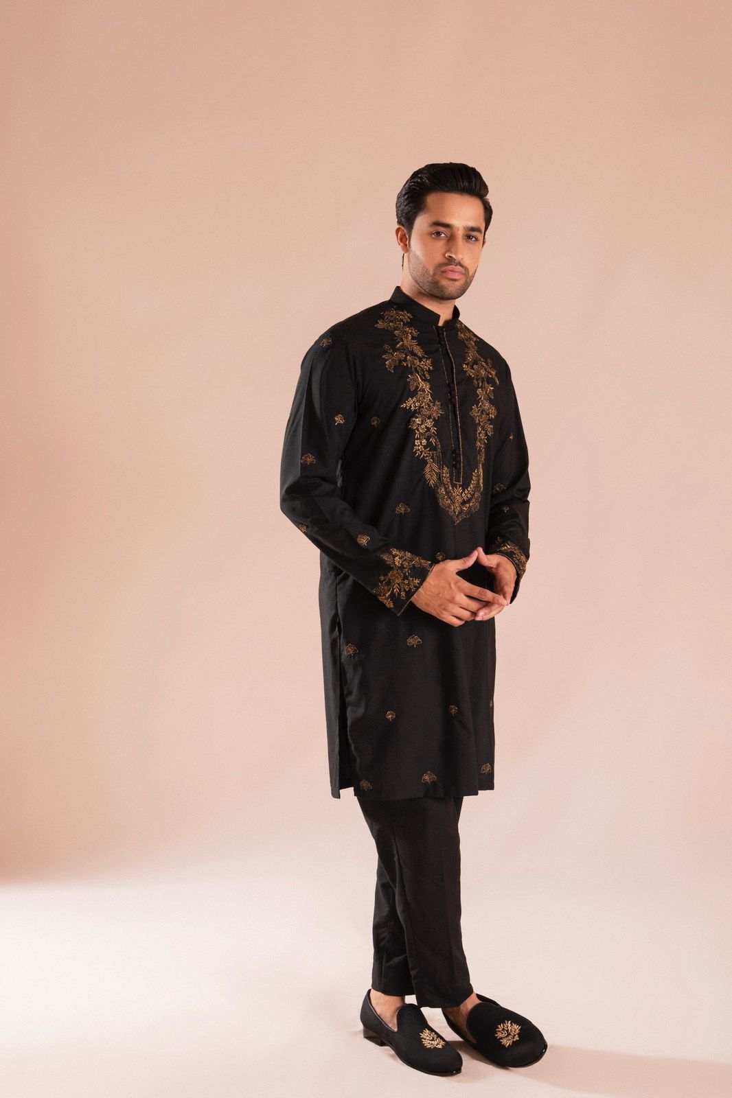 Black Copper Tilla Embroidered Wash & Wear Kurta Pajama (2-Piece) - Image 2