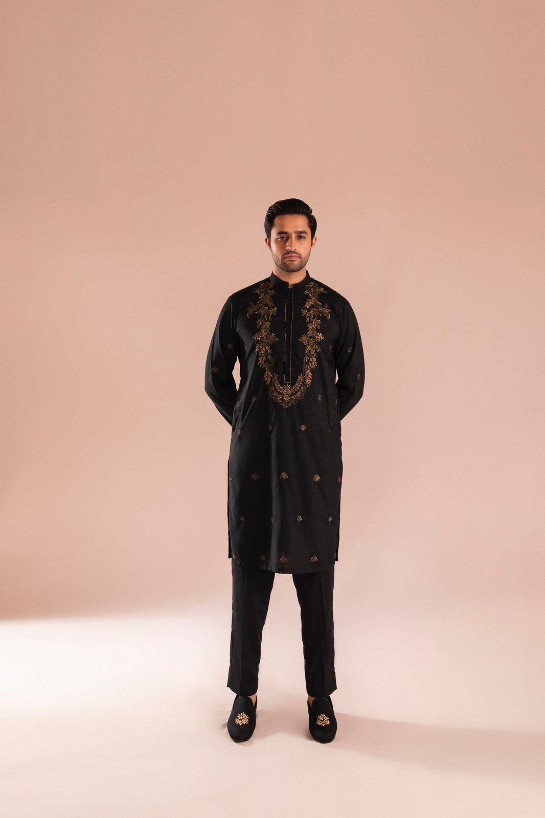 Black Copper Tilla Embroidered Wash & Wear Kurta Pajama (2-Piece) - Image 4