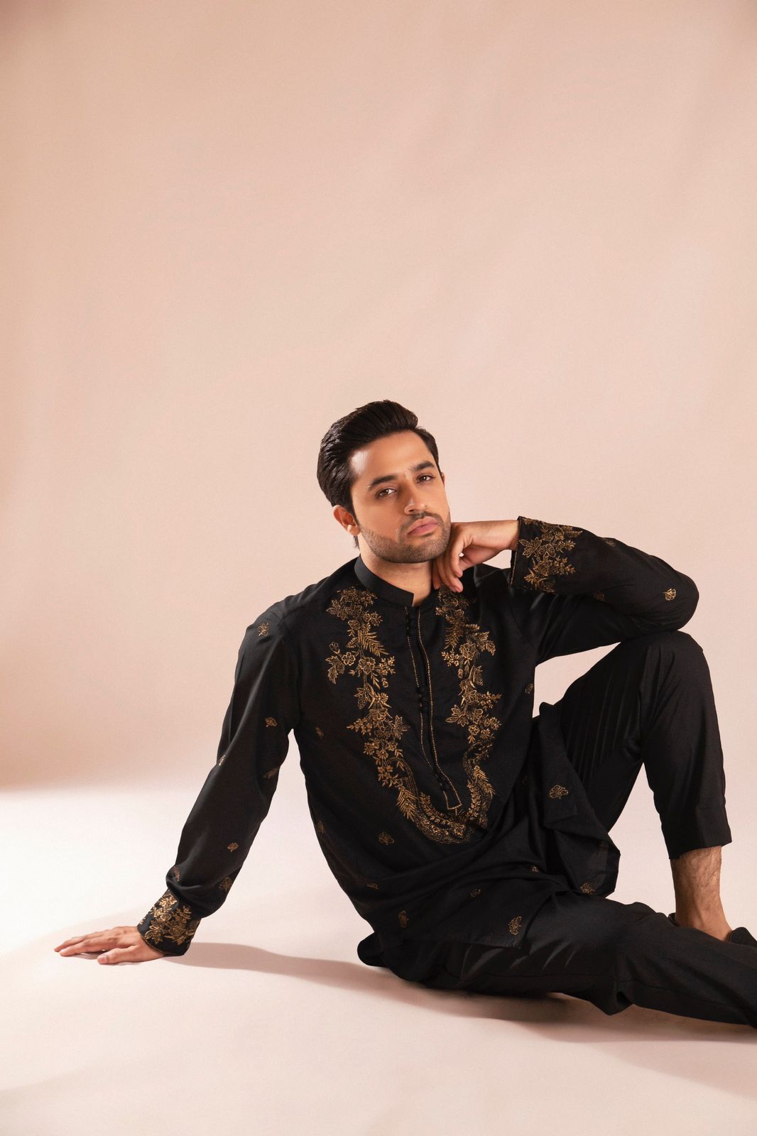 Black Copper Tilla Embroidered Wash & Wear Kurta Pajama (2-Piece) - Image 5