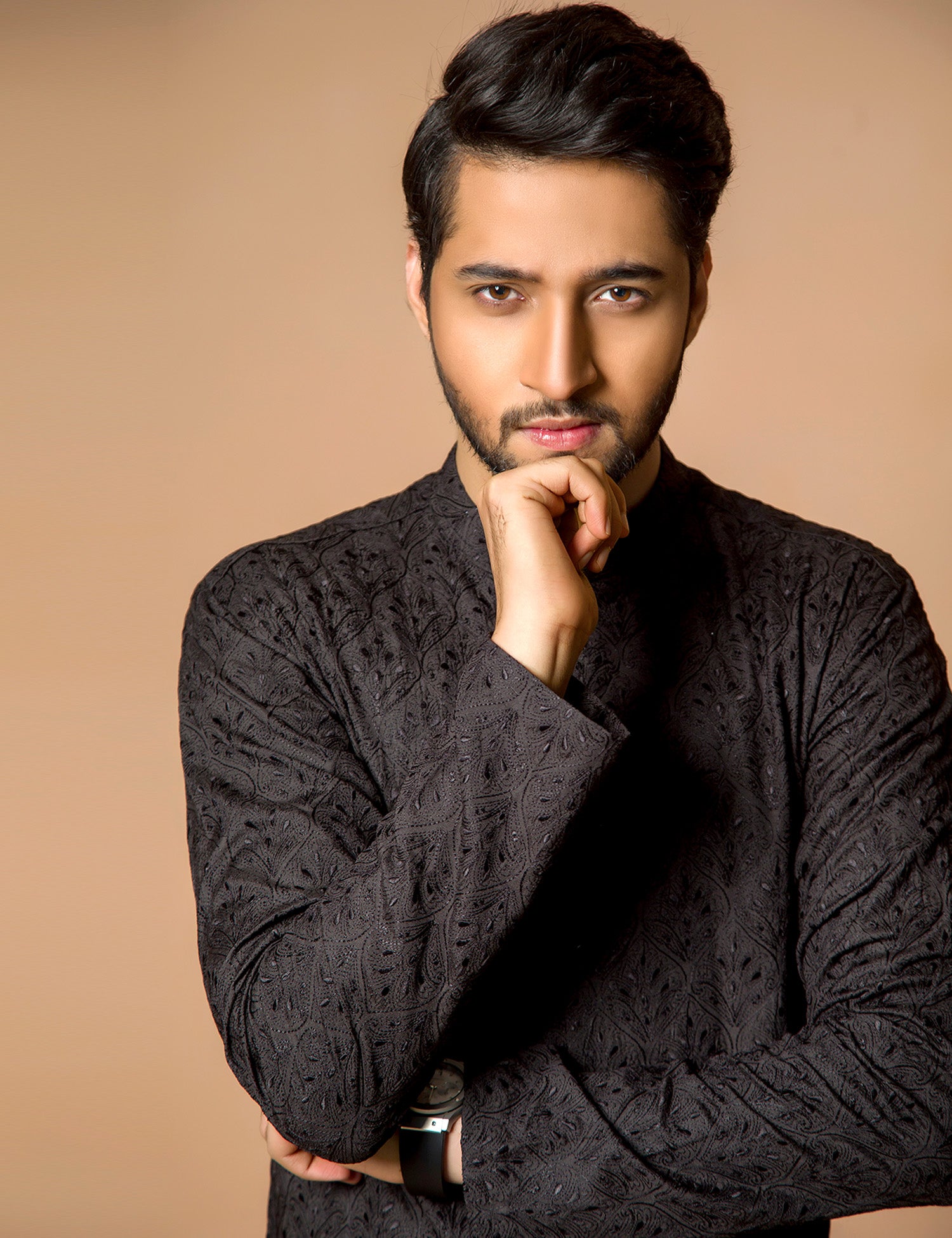 Black Embroidered Wash & Wear Kurta Pajama (2-Piece) - Image 2