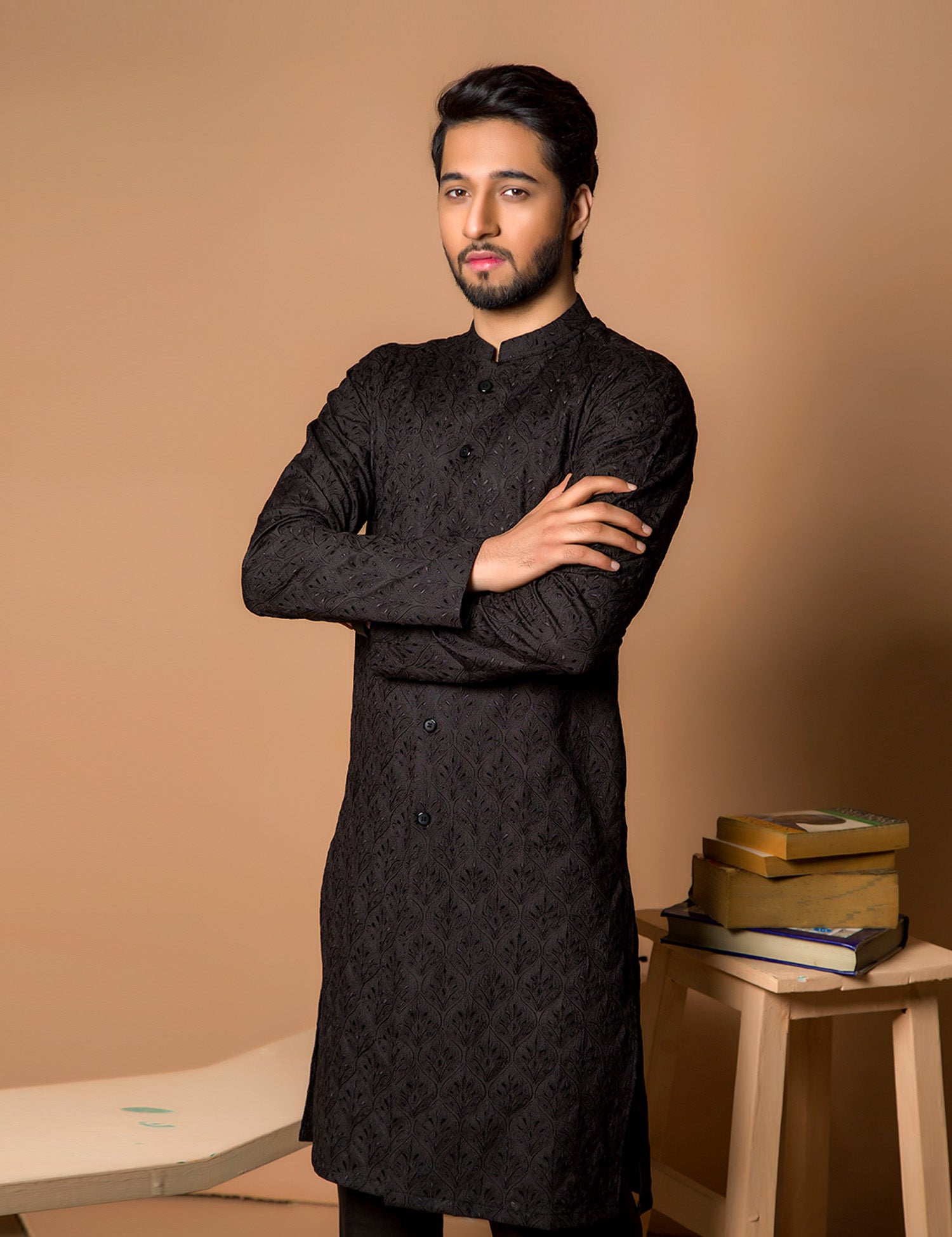 Black Embroidered Wash & Wear Kurta Pajama (2-Piece) - Image 4