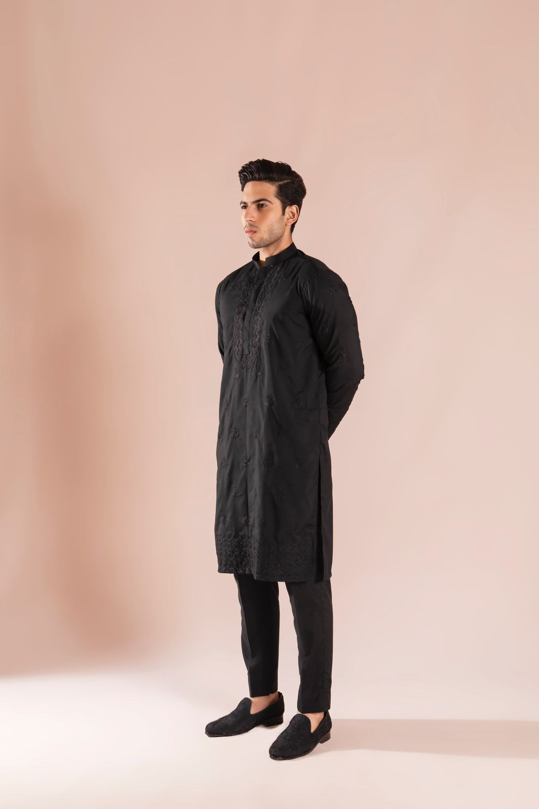Black Embroidered Wash & Wear Kurta Pajama (2-Piece) - Image 1