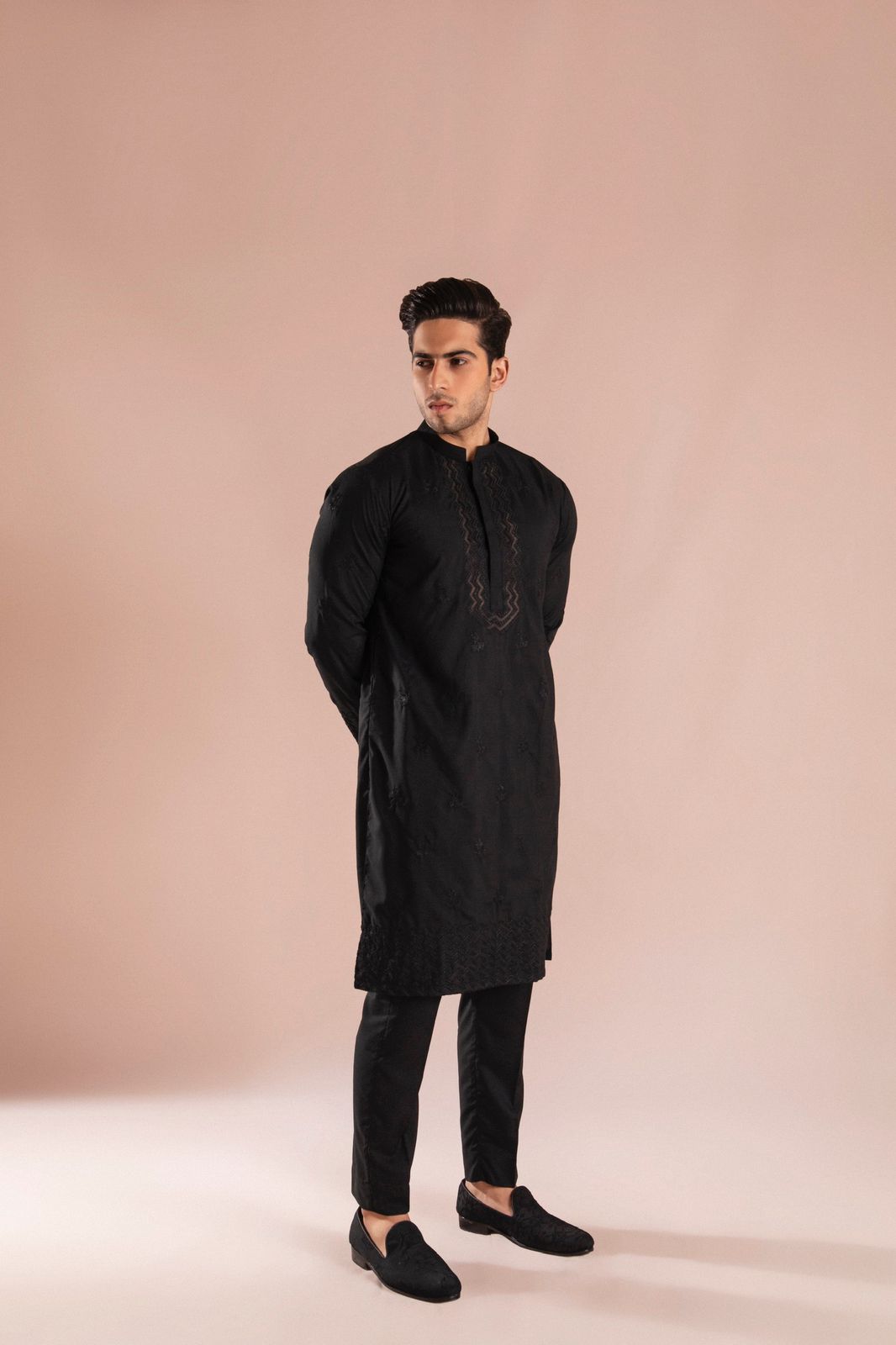 Black Embroidered Wash & Wear Kurta Pajama (2-Piece) - Image 2