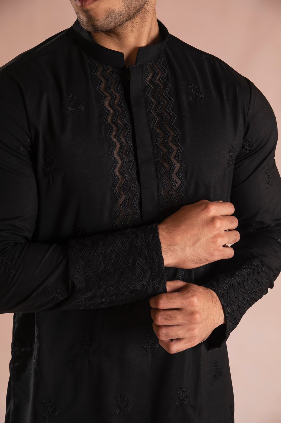 Black Embroidered Wash & Wear Kurta Pajama (2-Piece) - Image 4