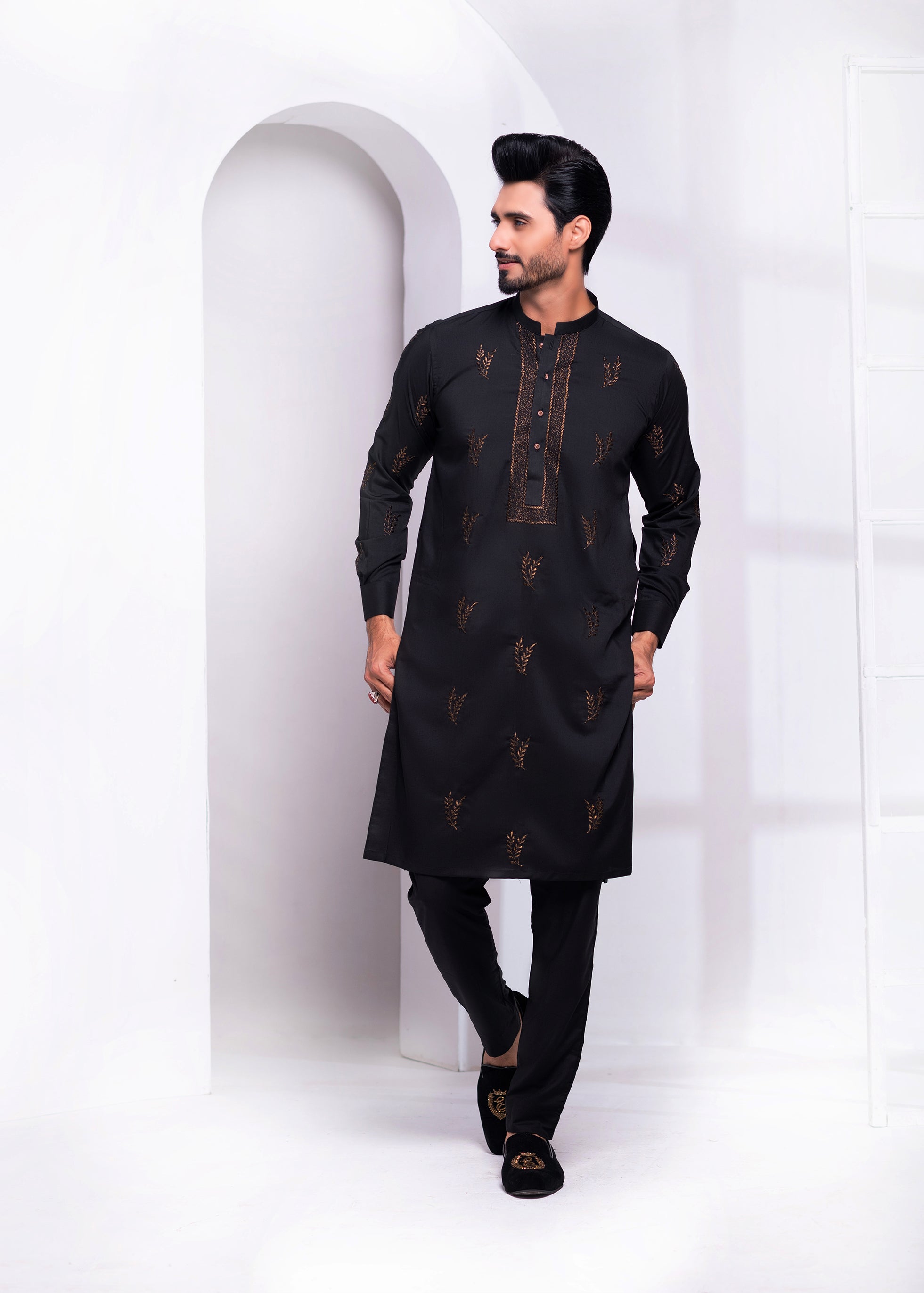 Black Zari Embroidered Wash & Wear Kurta Pajama (2-Piece) - Image 1