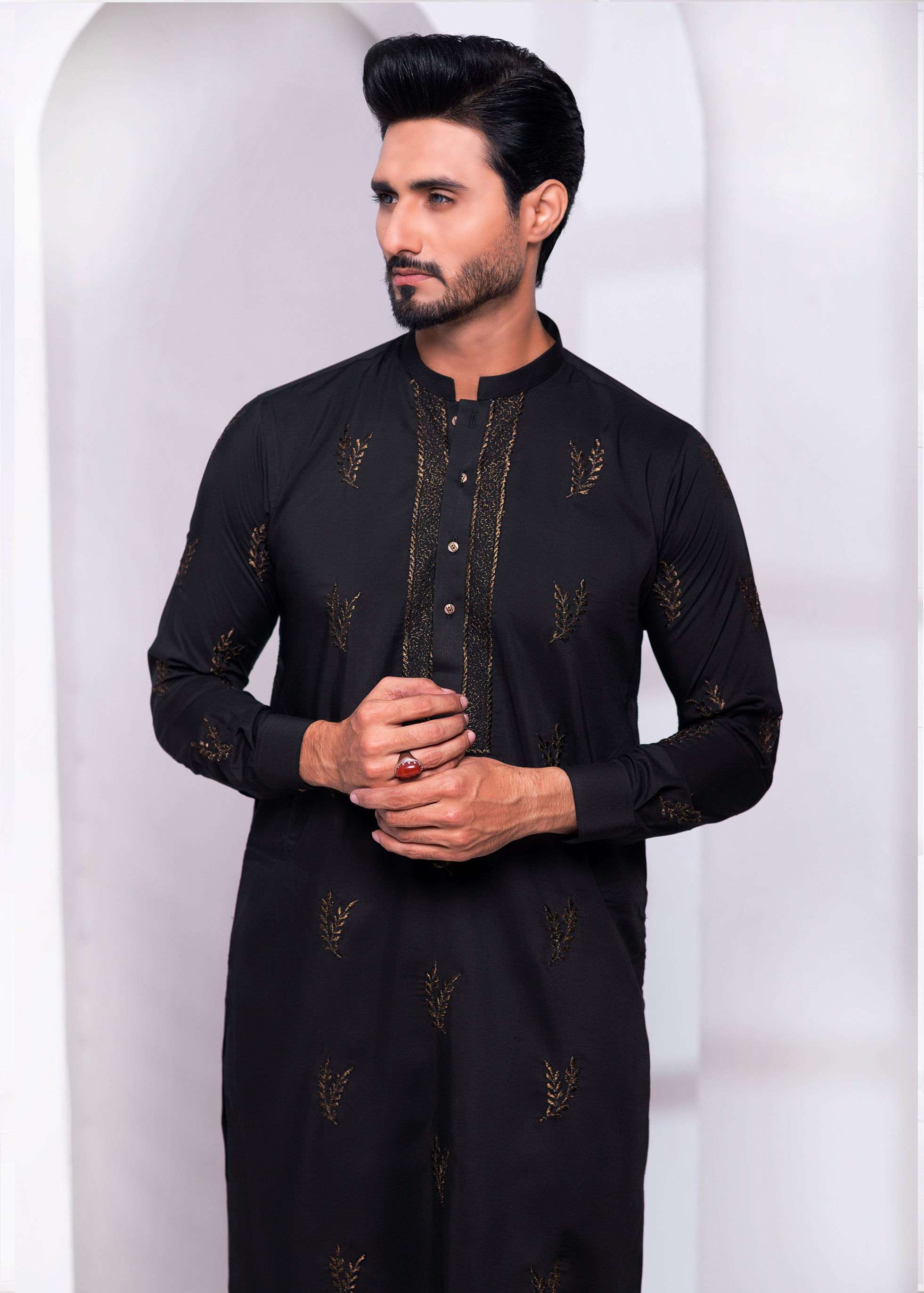 Black Zari Embroidered Wash & Wear Kurta Pajama (2-Piece) - Image 2