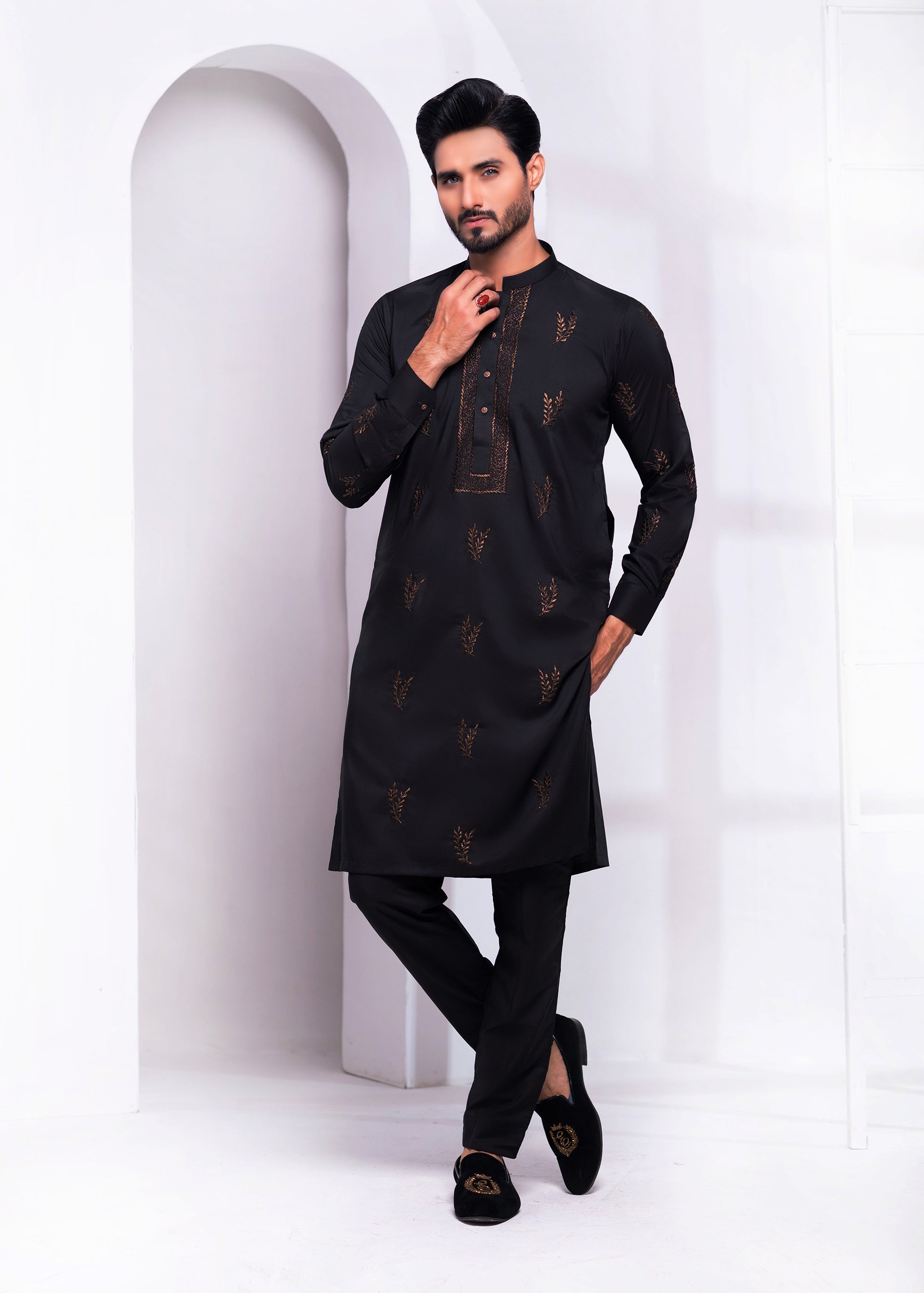 Black Zari Embroidered Wash & Wear Kurta Pajama (2-Piece) - Image 3