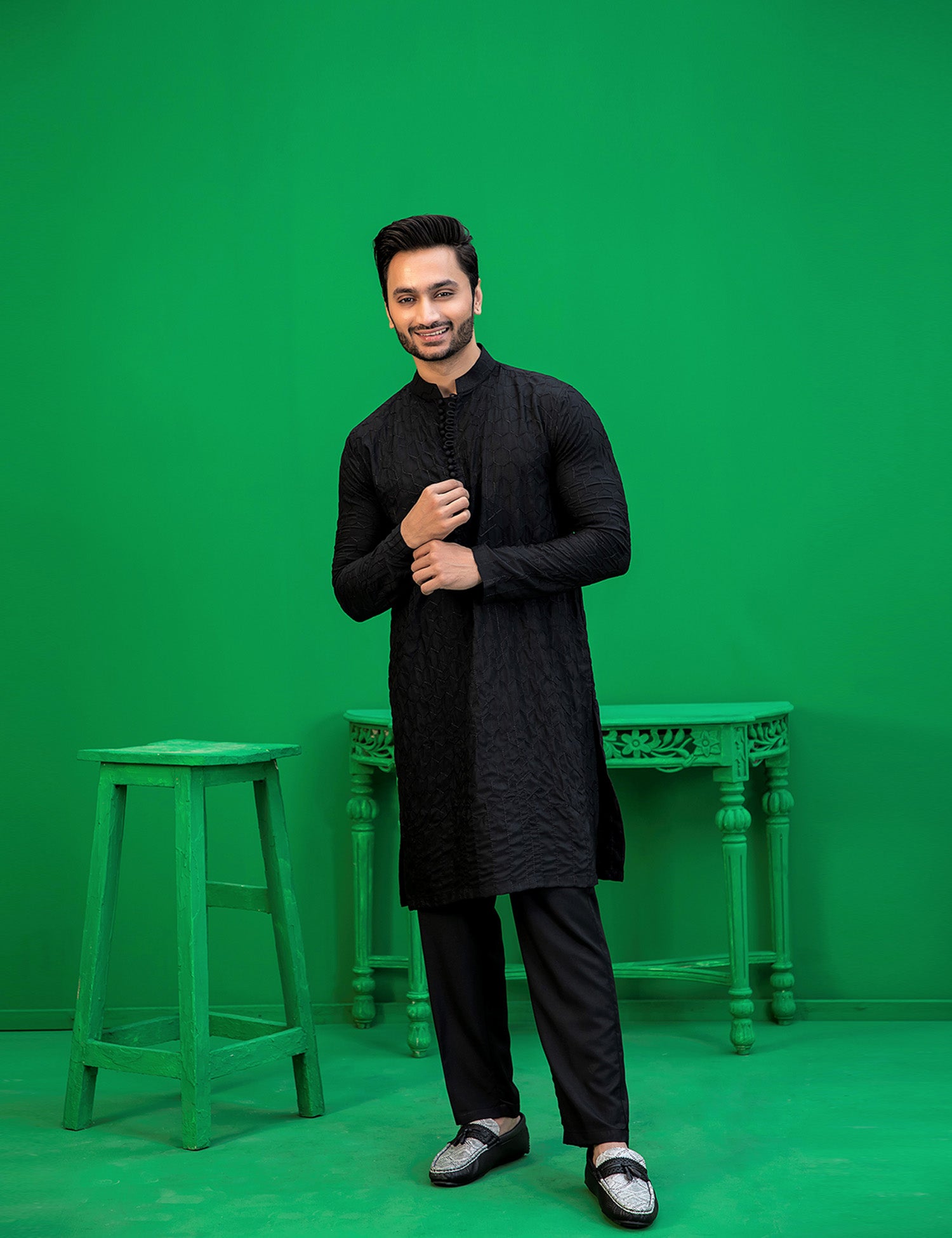 Black Embroidered Wash N Wear Kurta Pajama (2-Piece) - Image 1