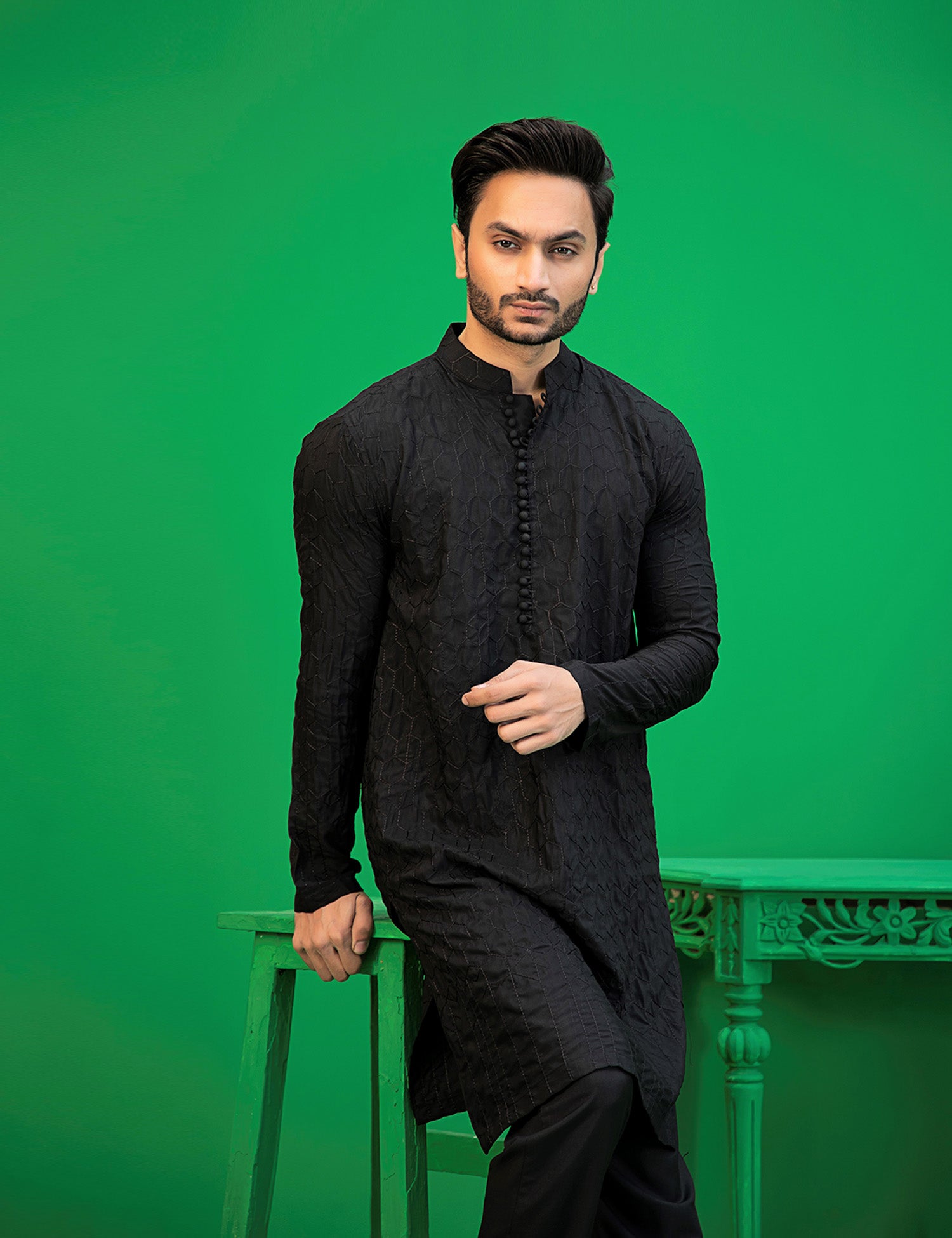 Black Embroidered Wash N Wear Kurta Pajama (2-Piece) - Image 6