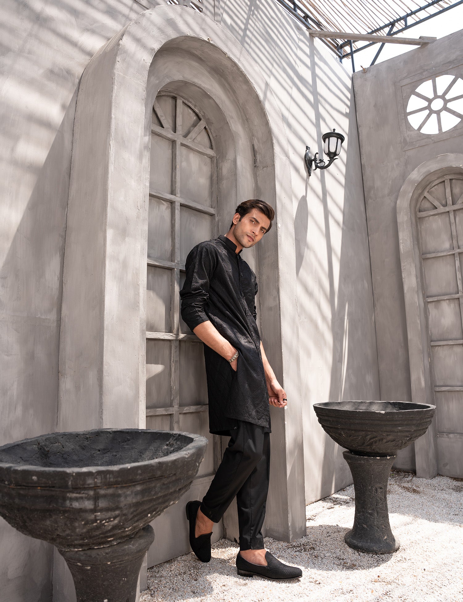 Black Embroidered Wash & Wear Kurta Pajama (2-Piece) - Image 4