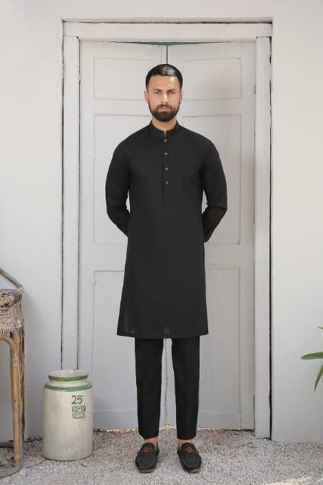 Black Wash & Wear Kurta Set (2-Piece) - Image 1