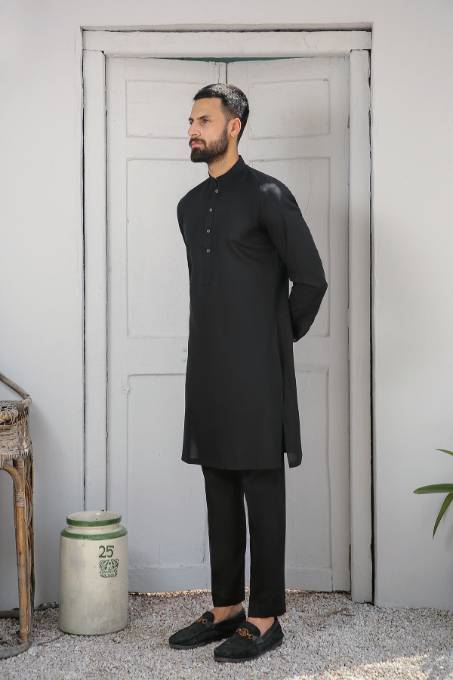 Black Wash & Wear Kurta Set (2-Piece) - Image 3
