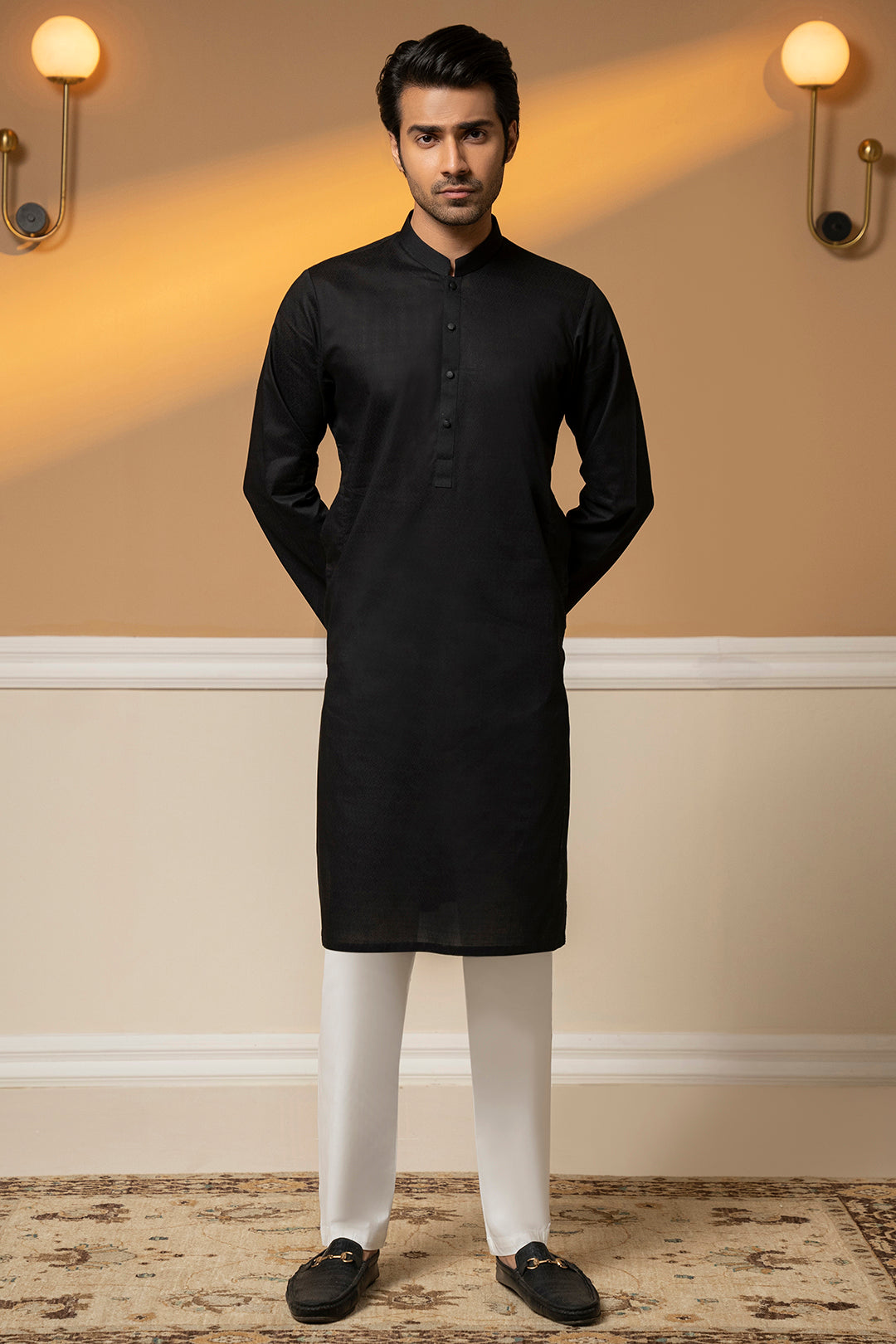 Black Textured Wash & Wear Kurta Pajama (2-Piece) - Image 2