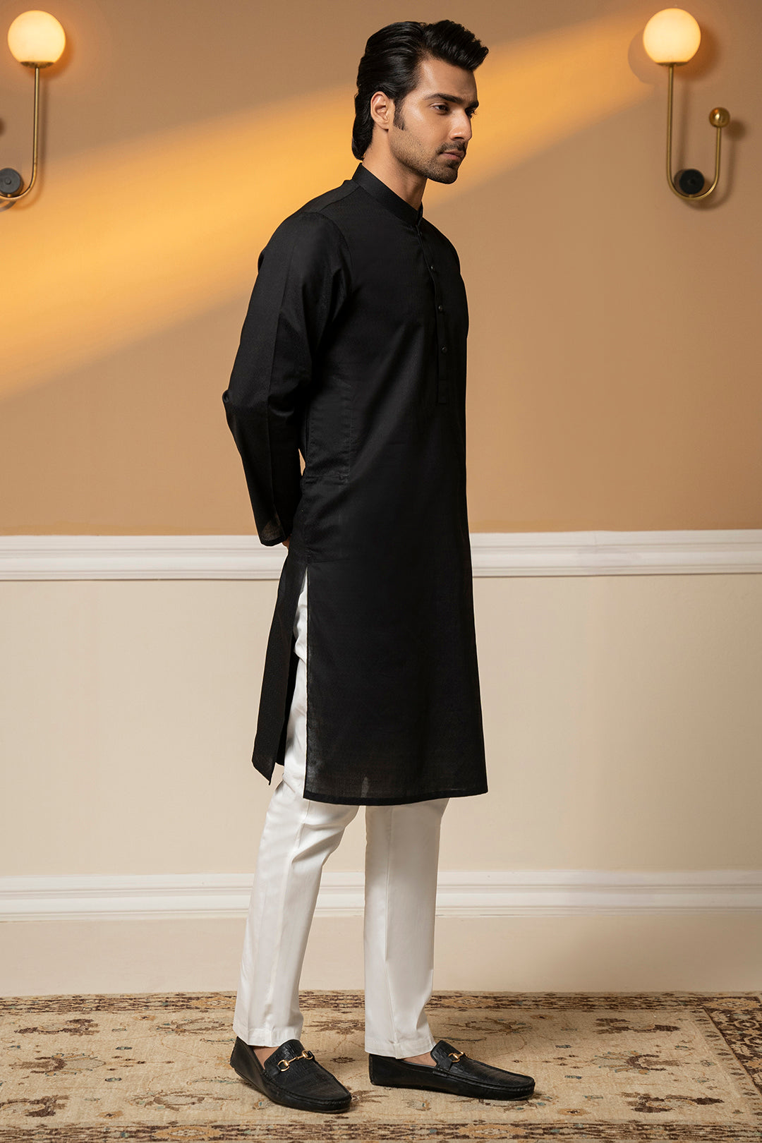 Black Textured Wash & Wear Kurta Pajama (2-Piece) - Image 3