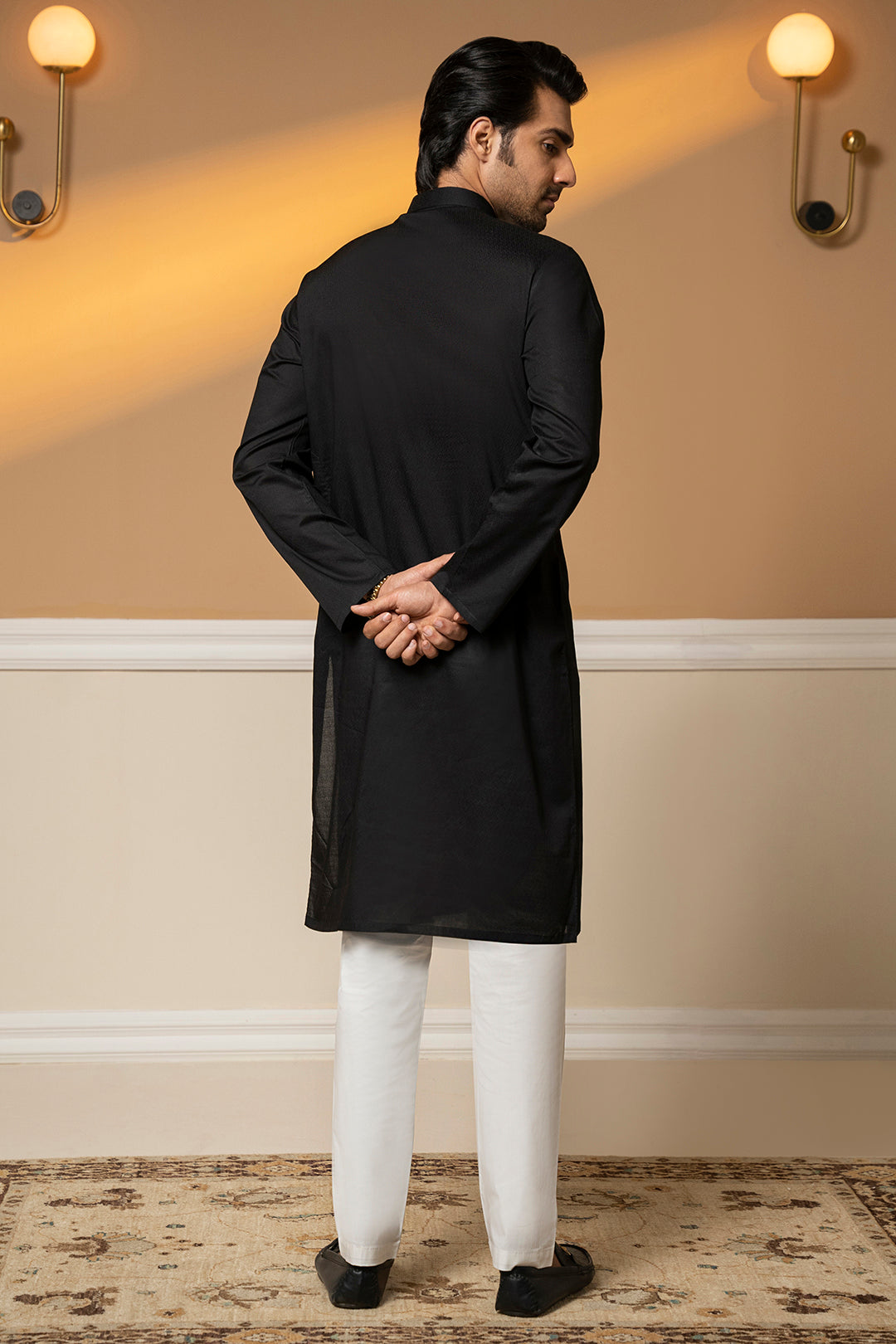Black Textured Wash & Wear Kurta Pajama (2-Piece) - Image 7