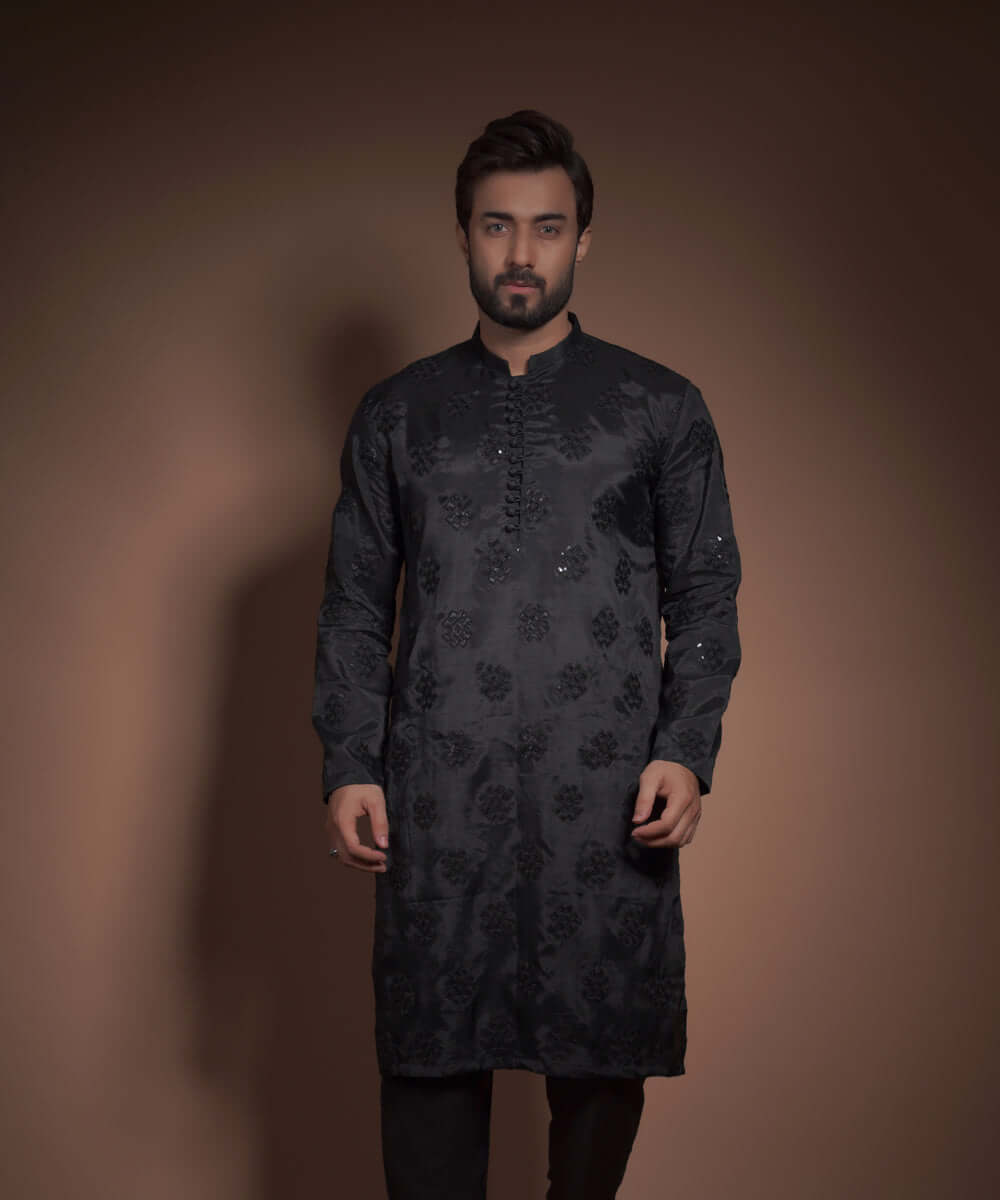 Black Sequin Embroidered Raw Silk Kurta (2-Piece) - Image 1
