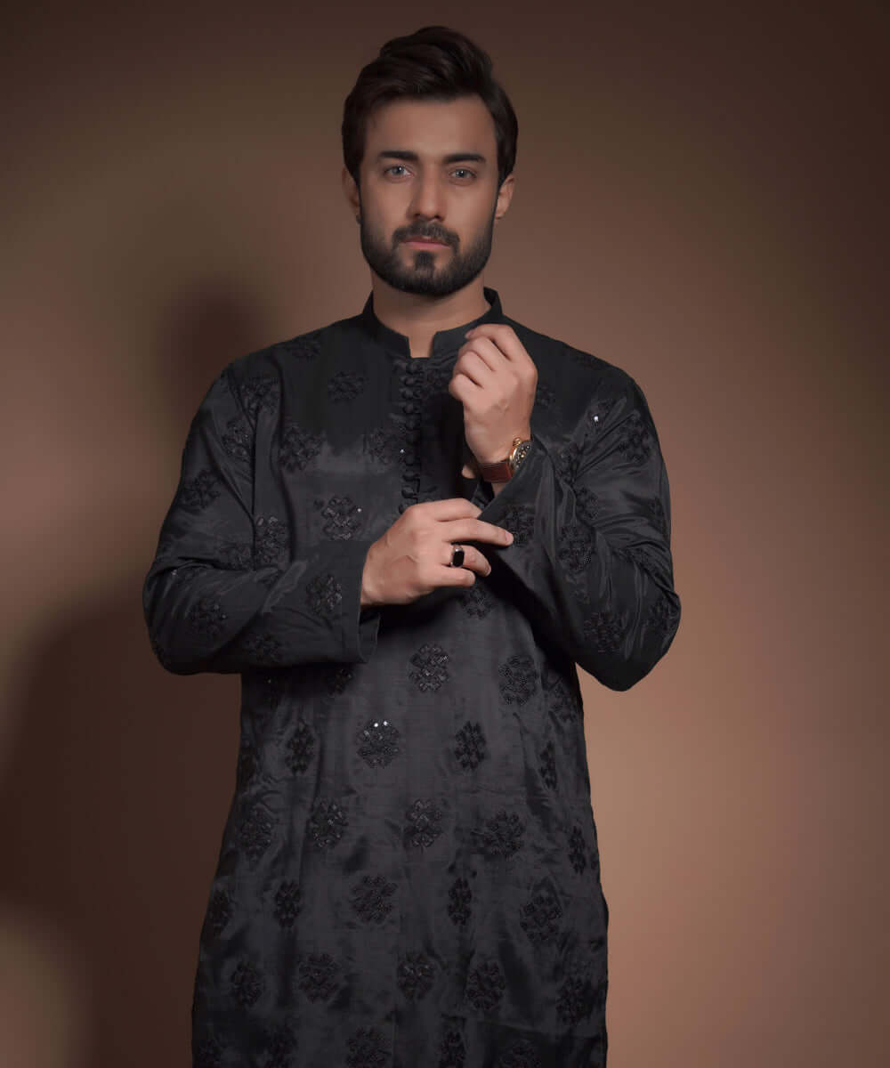 Black Sequin Embroidered Raw Silk Kurta (2-Piece) - Image 2