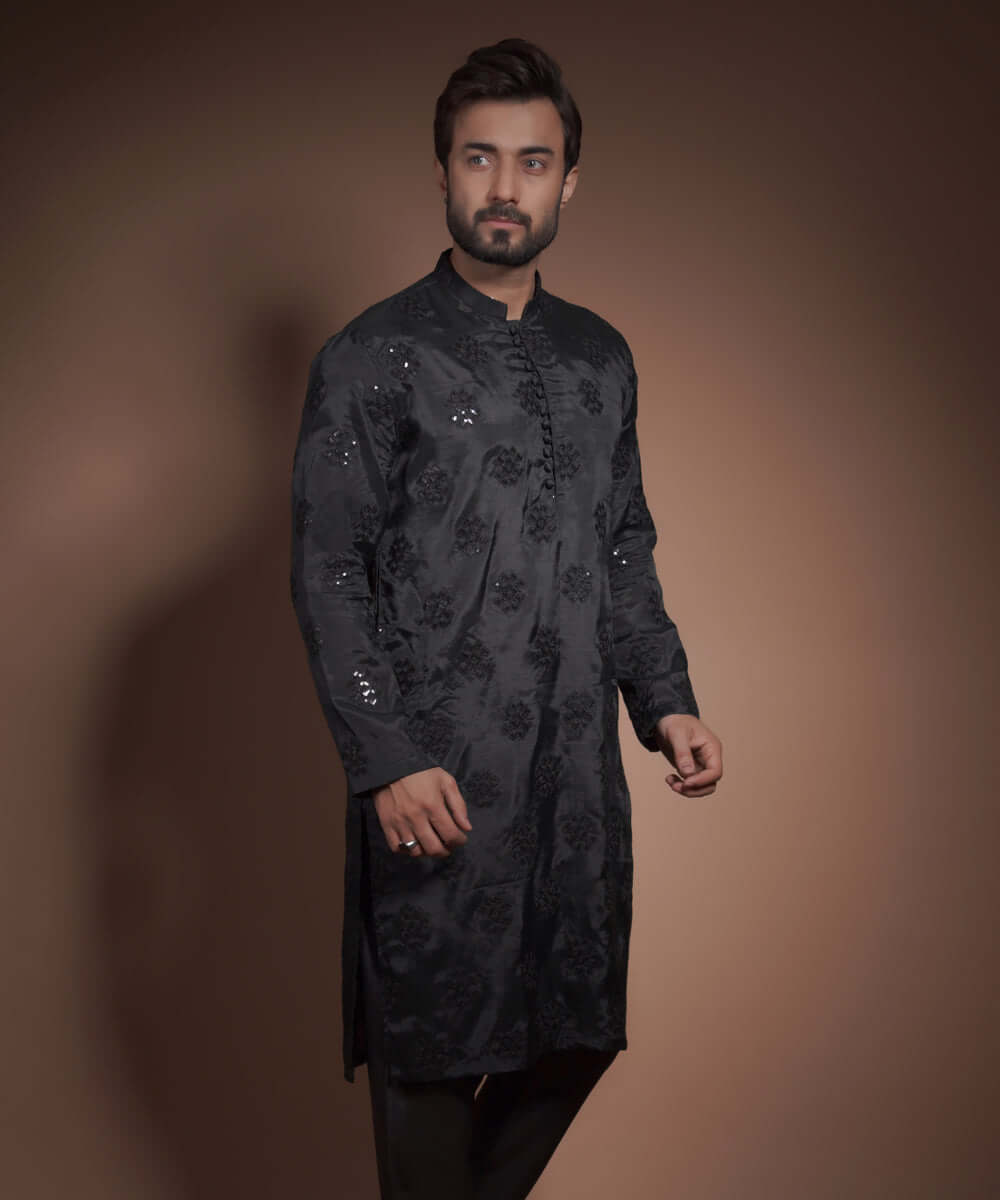 Black Sequin Embroidered Raw Silk Kurta (2-Piece) - Image 3