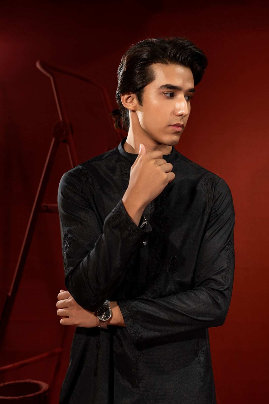 Black Embroidered Silk Kurta Trouser Set (2-Piece) - Image 5