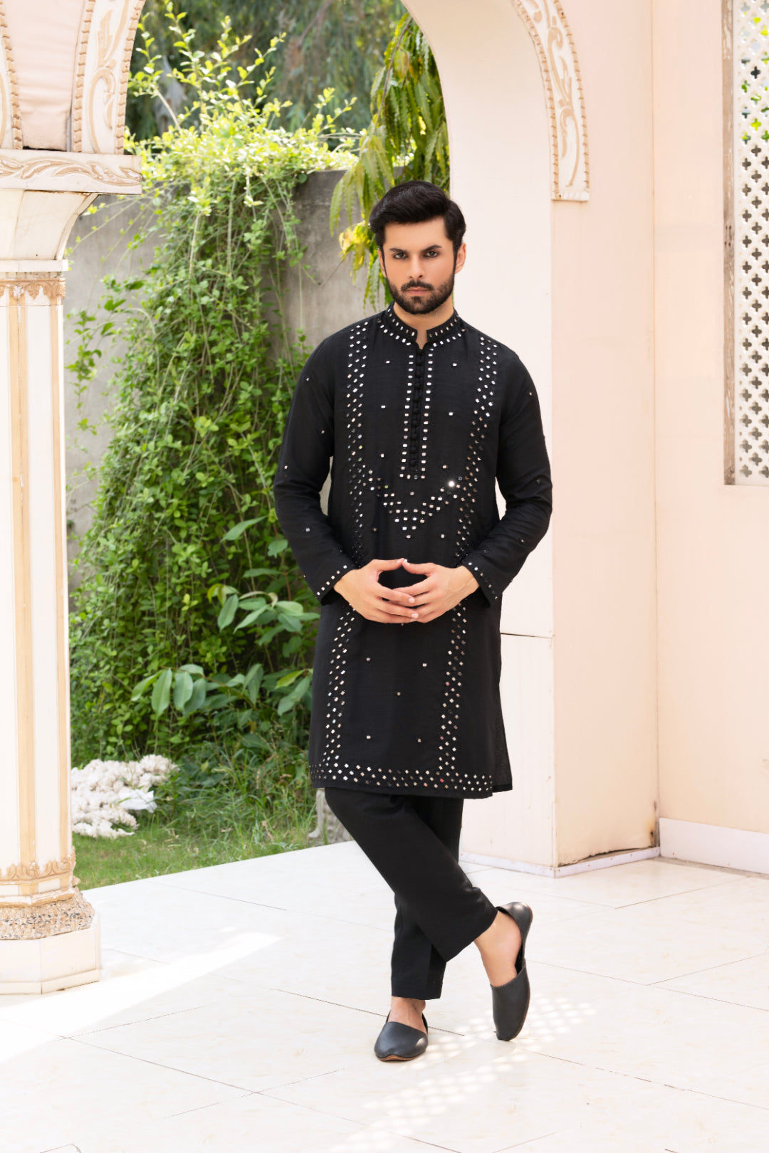 Black Shisha Embroidered Silk Kurta Pajama (2-Piece) - Image 1