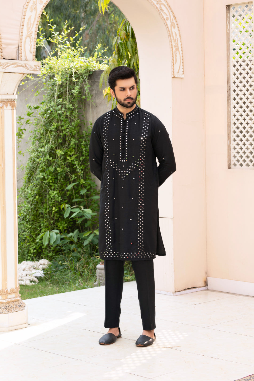 Black Shisha Embroidered Silk Kurta Pajama (2-Piece) - Image 2