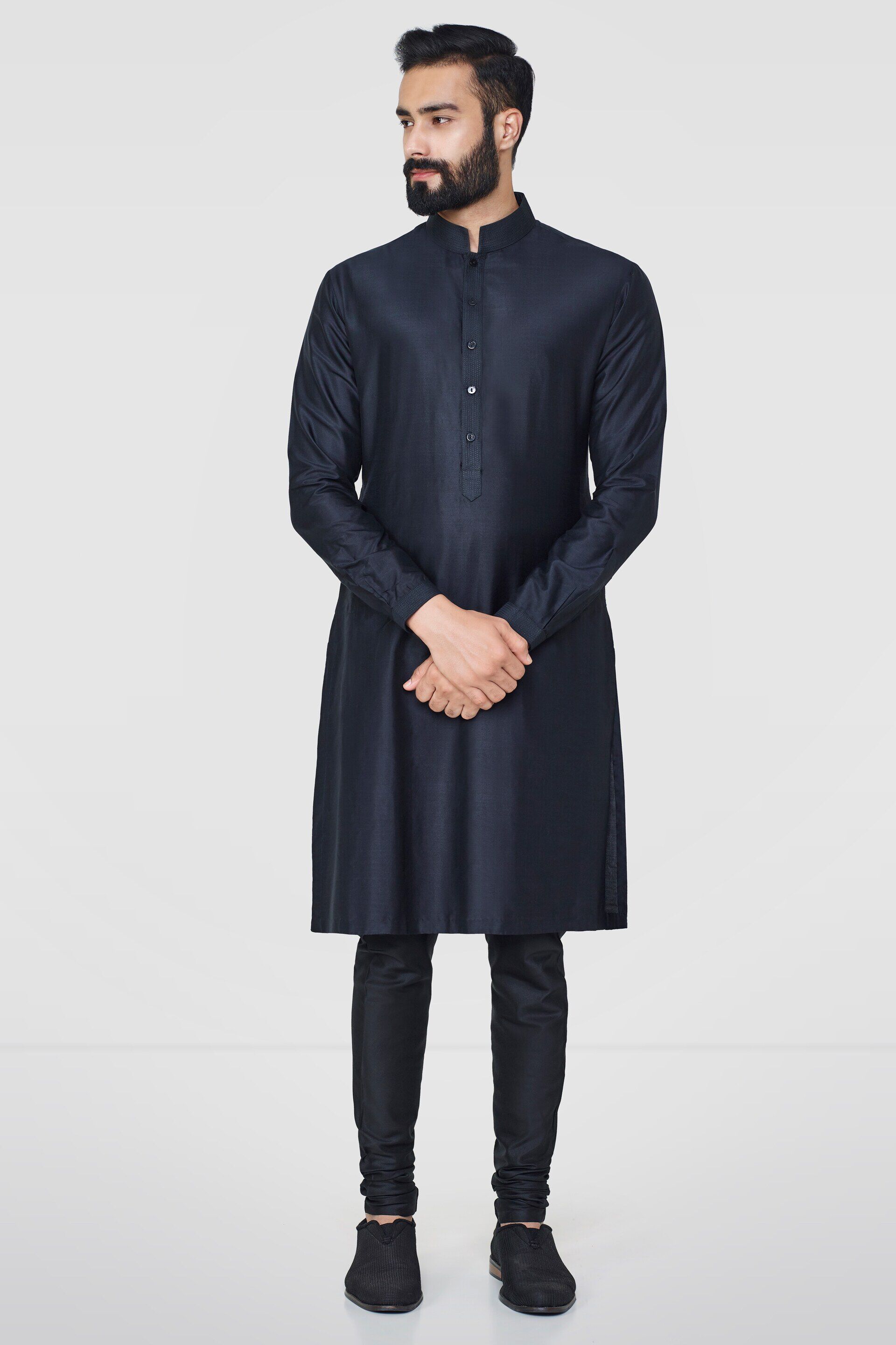 Black Stitch-Line Silk Kurta (2-Piece) - Image 1