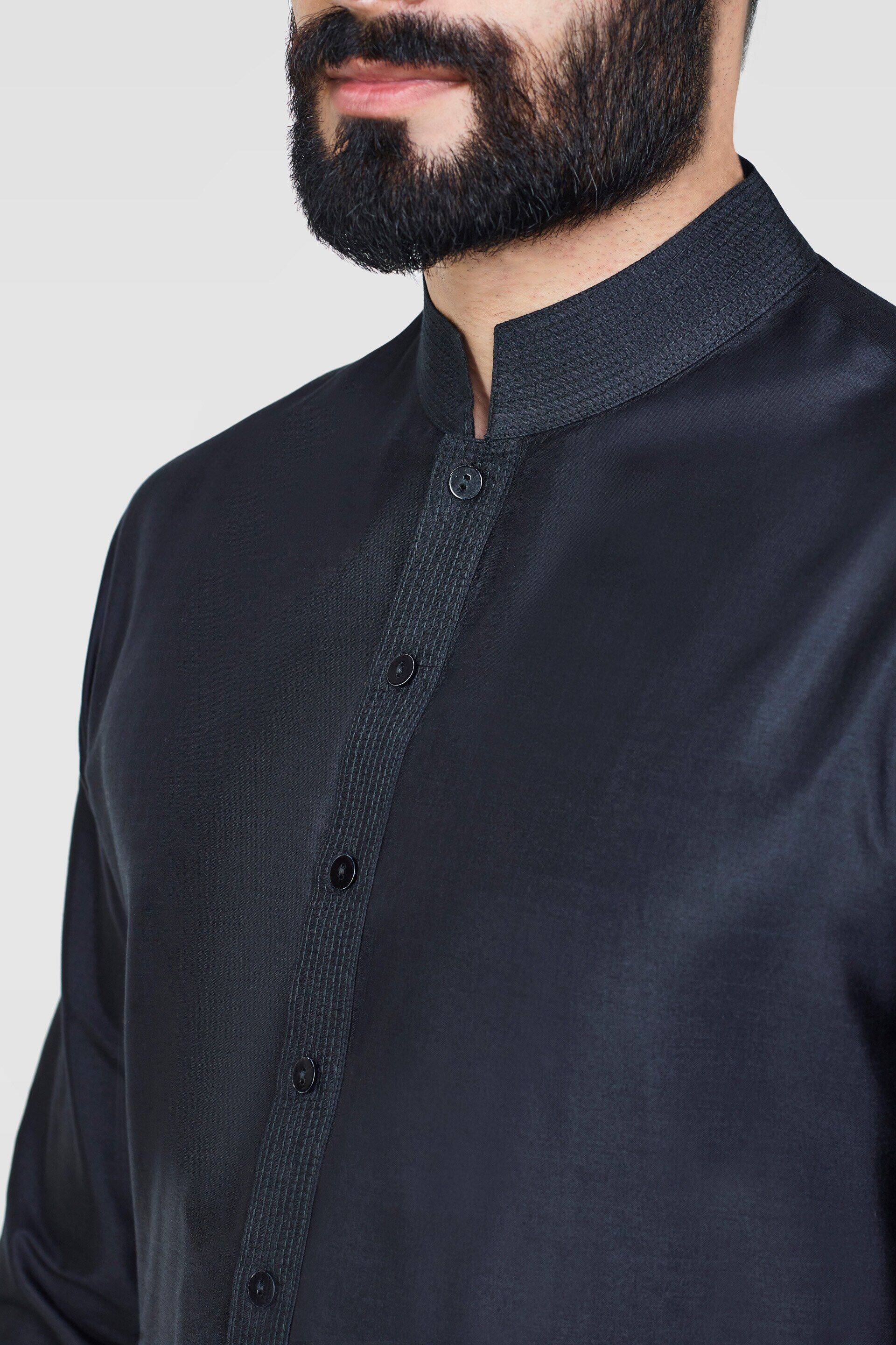 Black Stitch-Line Silk Kurta (2-Piece) - Image 3