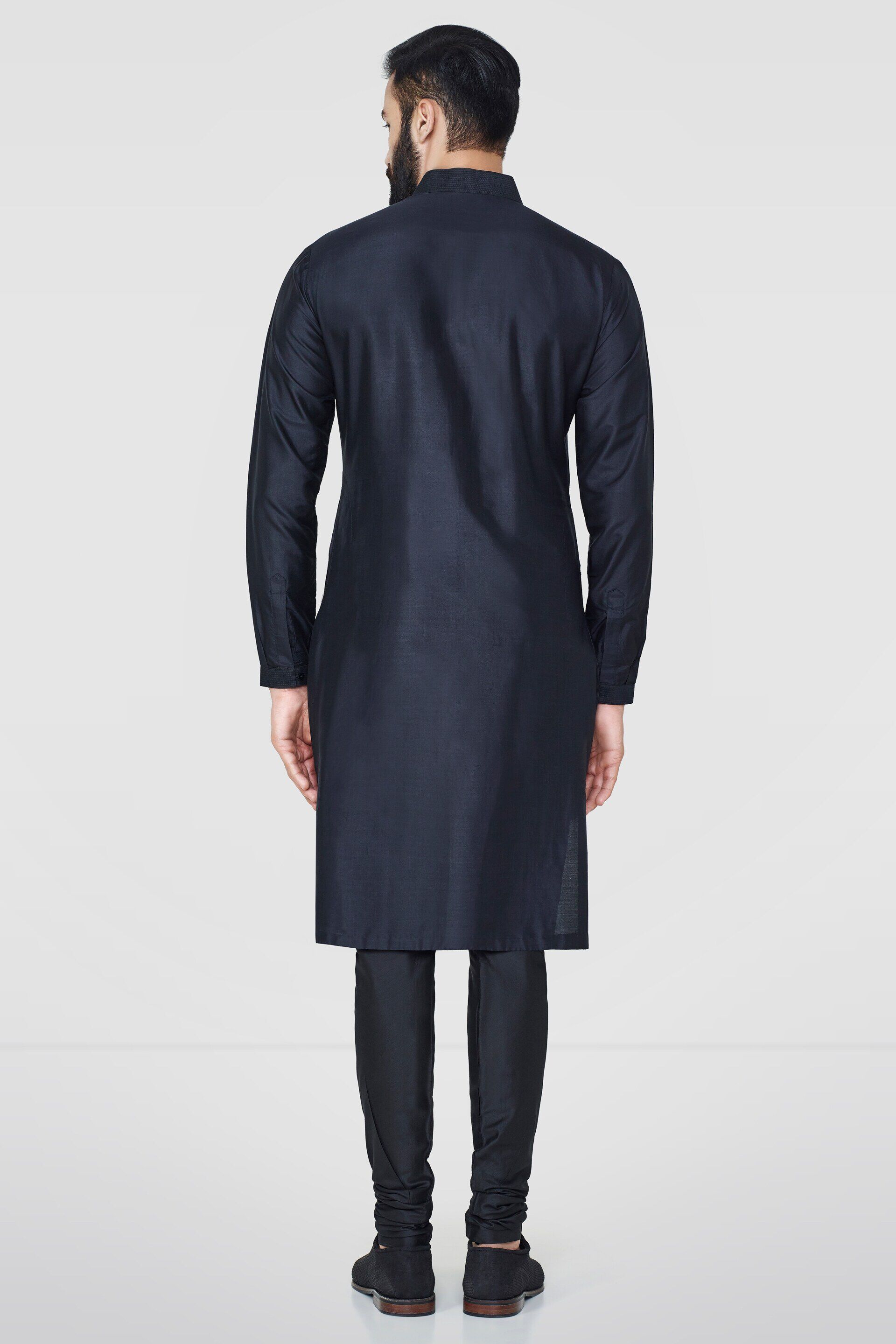 Black Stitch-Line Silk Kurta (2-Piece) - Image 4