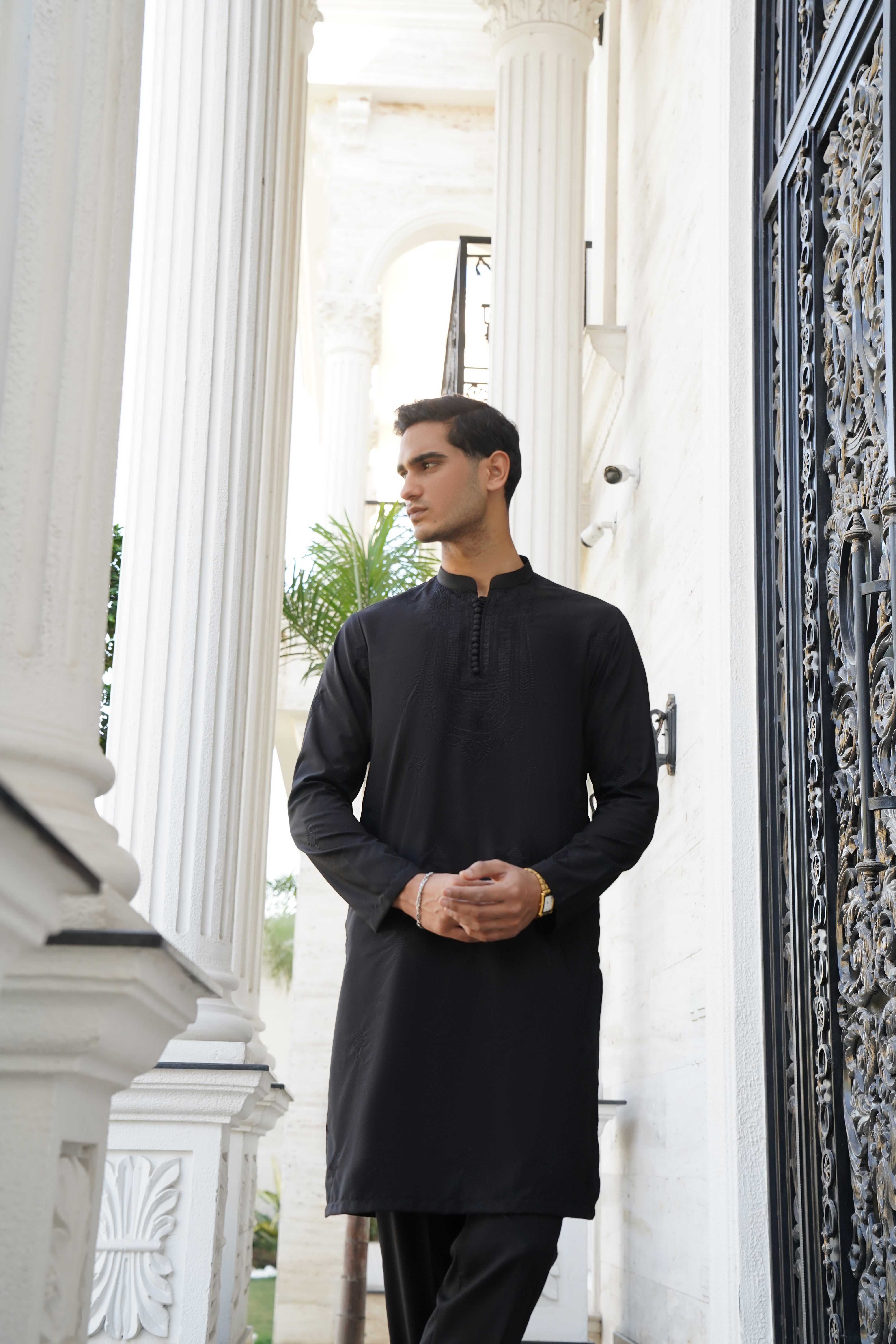 Midnight Black Embroidered Cotton-Silk Kurta Set (2-Piece) - Image 3