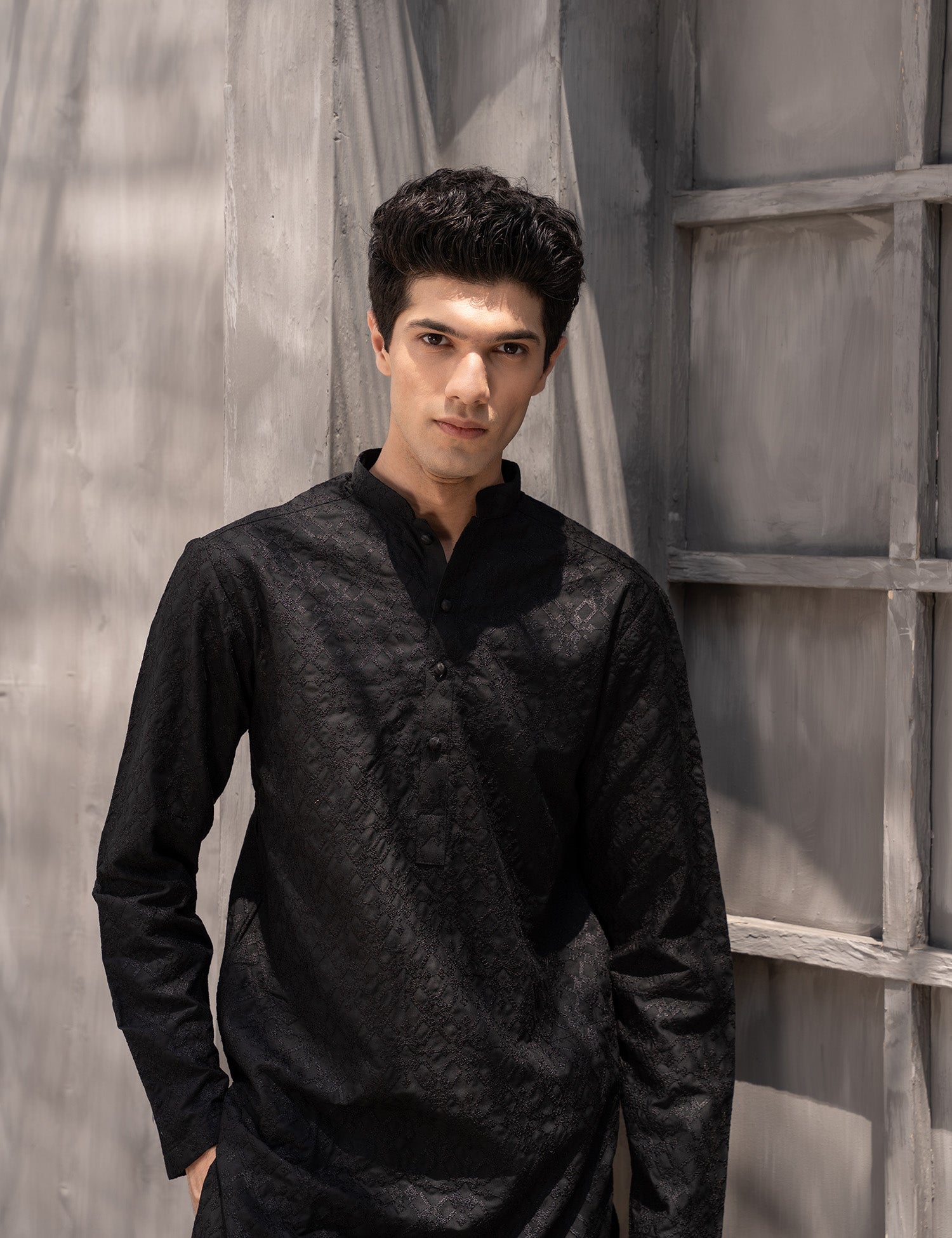 Black Embroidered Wash & Wear Kurta Set (2-Piece) - Image 3