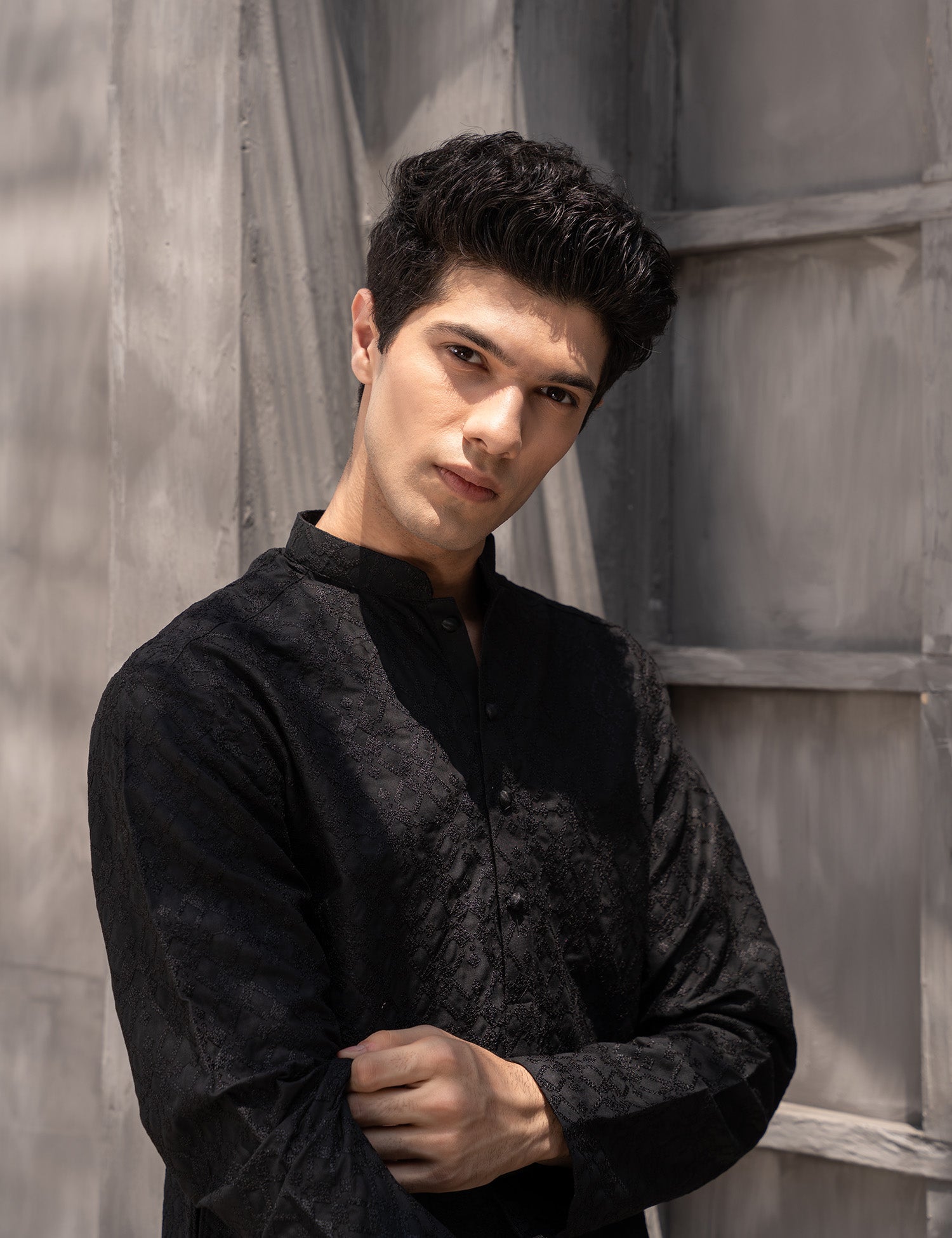 Black Embroidered Wash & Wear Kurta Set (2-Piece) - Image 4